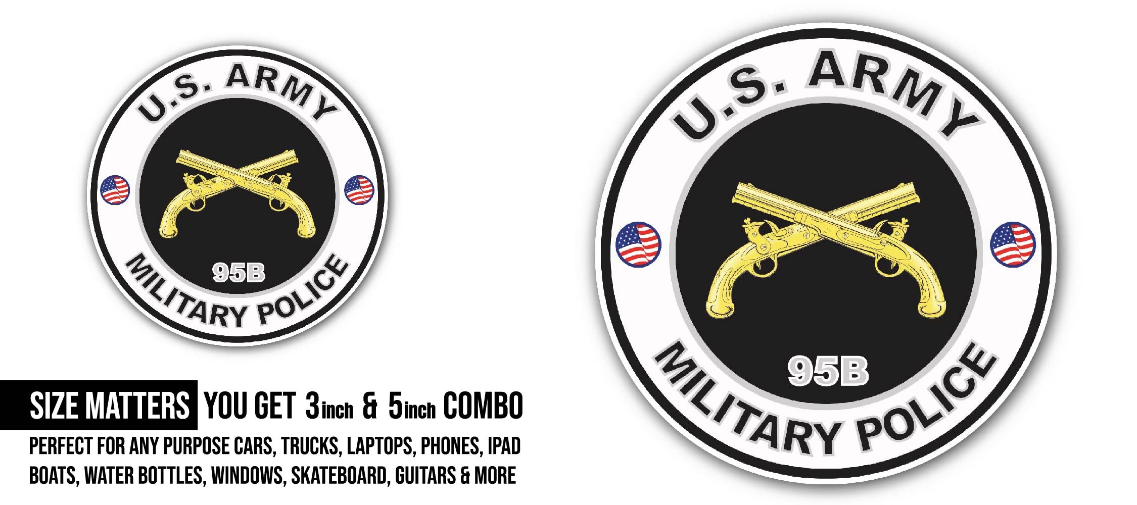 U.S. Army MOS 95B Military Police Sticker, Waterproof Vinyl Decal Sticker Indoor Or Outdoor 2 (Pieces) 3" and 5"
