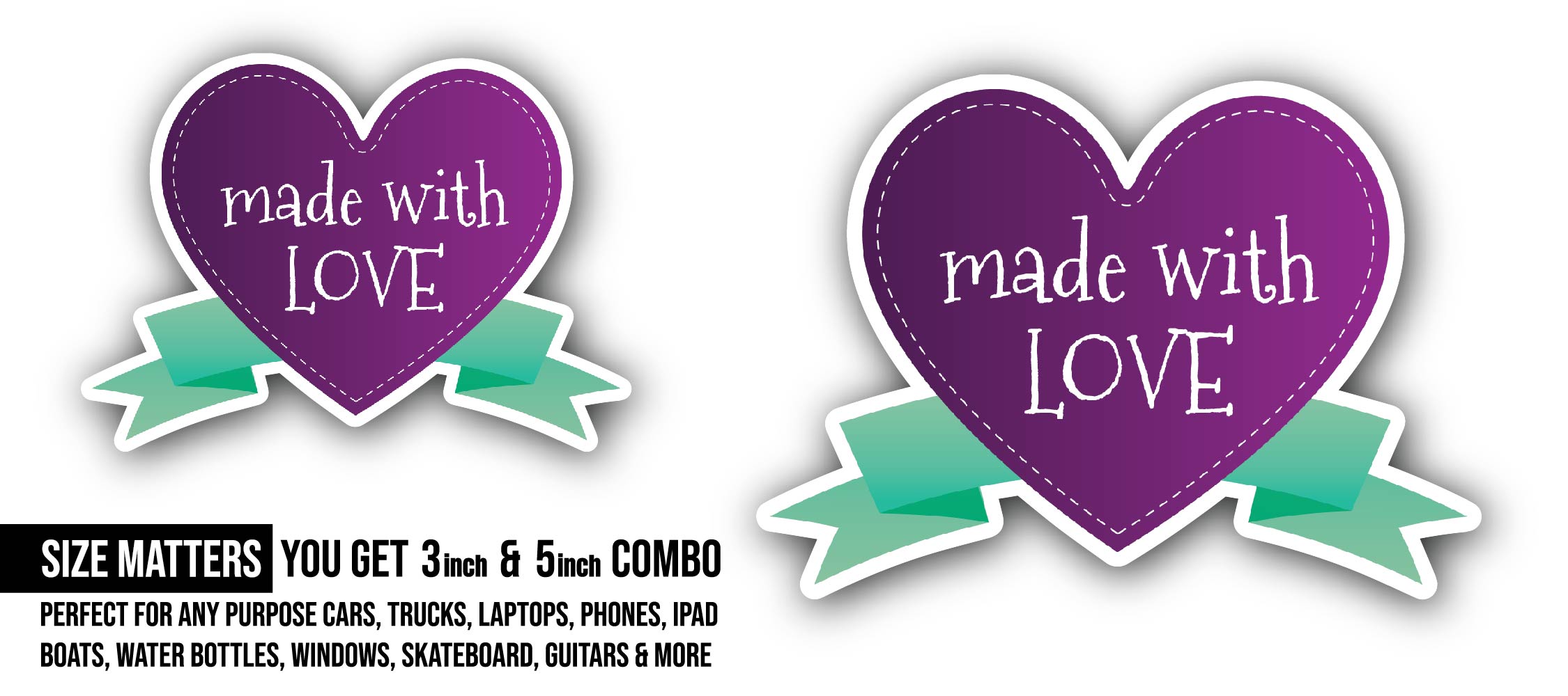 Made with Love Sticker, Waterproof Vinyl Decal Sticker Indoor Or Outdoor 2 (Pieces) 3" and 5"