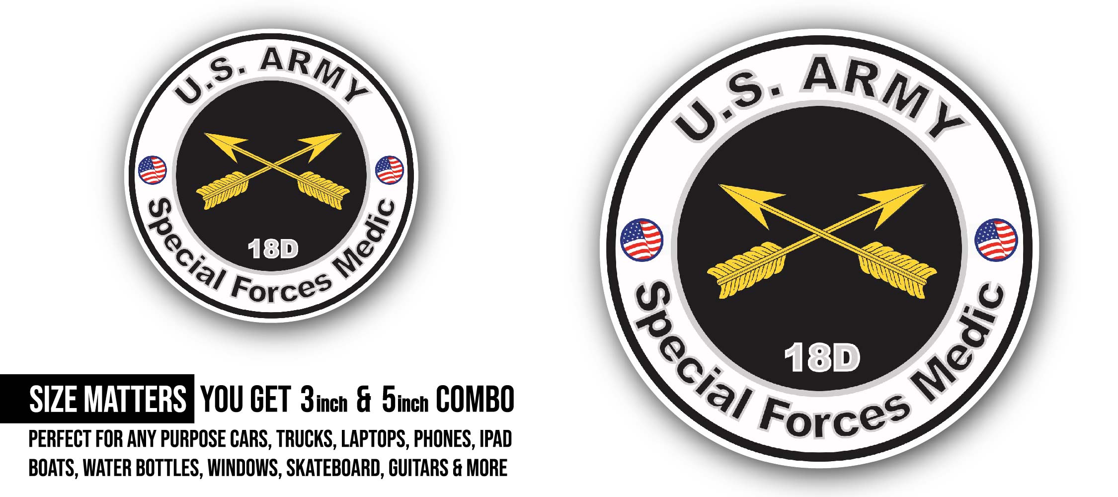 U.S. Army MOS 18D Special Forces Medic Sticker, Waterproof Vinyl Decal Sticker Indoor Or Outdoor 2 (Pieces) 3" and 5"