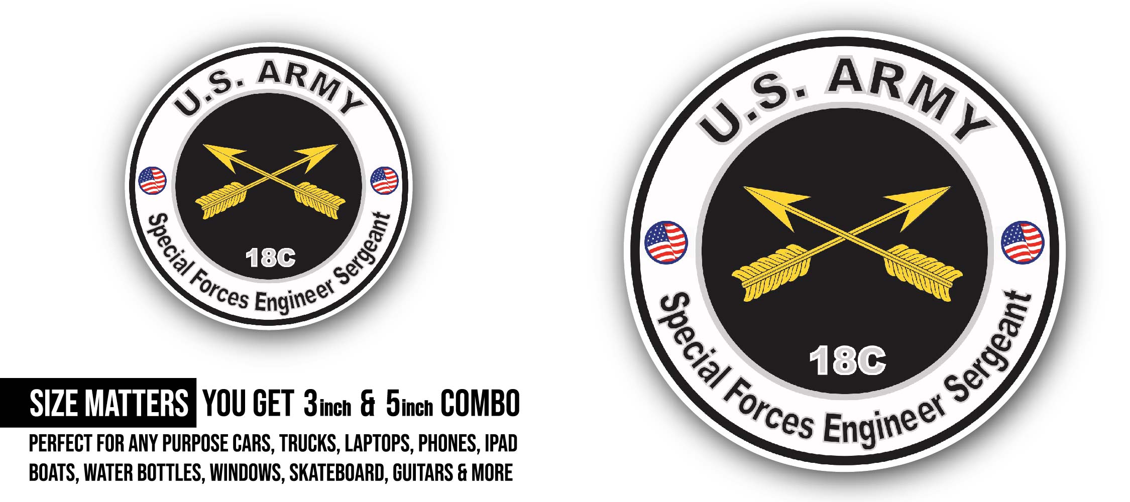 U.S. Army MOS 18C Special Forces Engineer Sergeant Sticker, Waterproof Vinyl Decal Sticker Indoor Or Outdoor 2 (Pieces) 3" and 5"