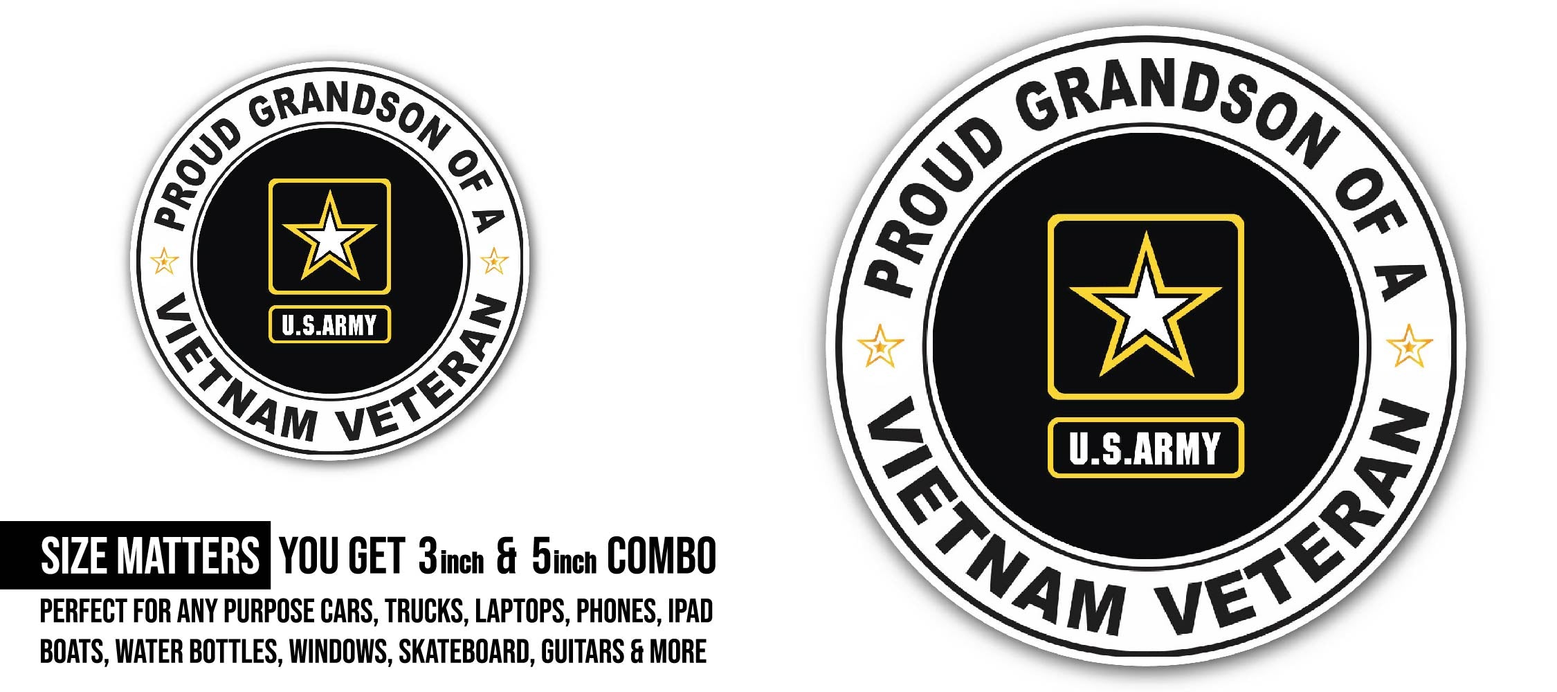 U.S. Army Proud Grandson of a Vietnam Veteran Sticker, Waterproof Vinyl Decal Sticker Indoor Or Outdoor 2 (Pieces) 3" and 5"