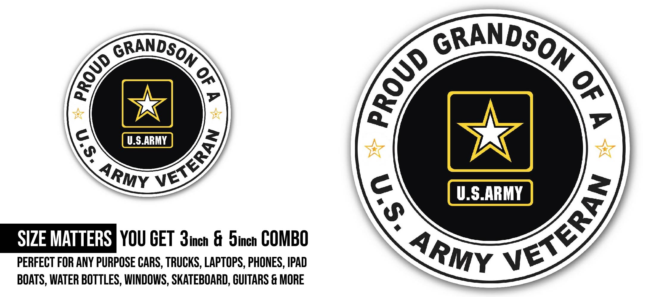 U.S. Army Veteran Proud Grandson Sticker, Waterproof Vinyl Decal Sticker Indoor Or Outdoor 2 (Pieces) 3" and 5"