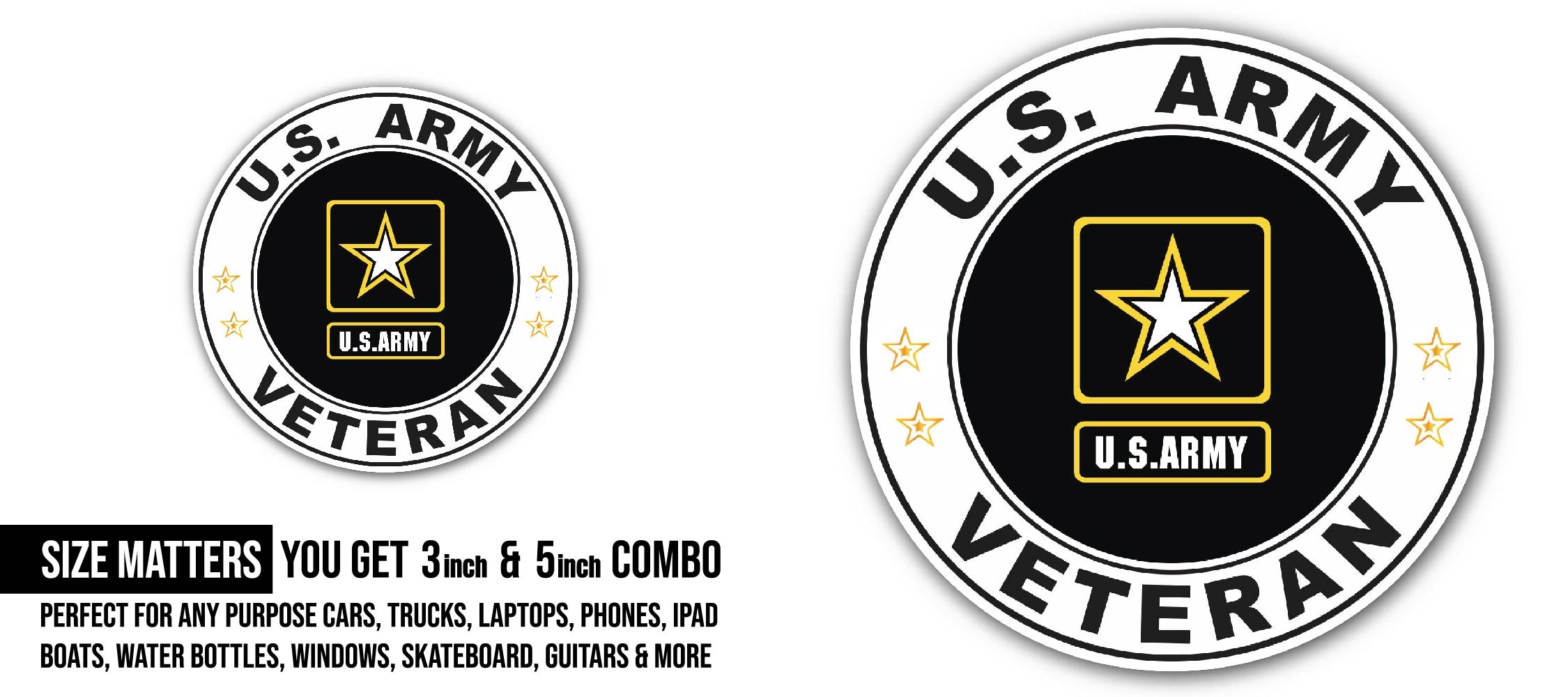 U.S. Army Veteran Sticker, Waterproof Vinyl Decal Sticker Indoor Or Outdoor 2 (Pieces) 3" and 5"