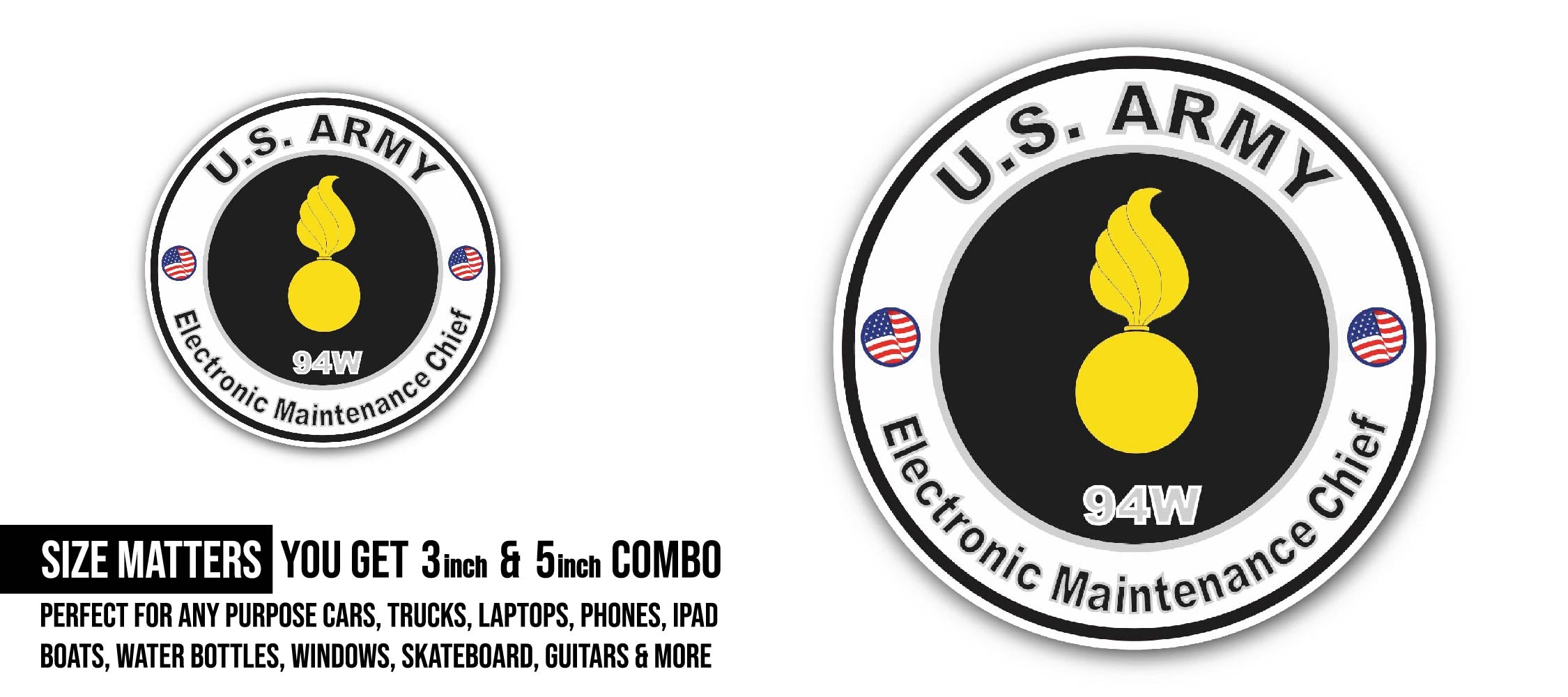 U.S. Army MOS 94W Electronic Maintenance Chief Sticker, Waterproof Vinyl Decal Sticker Indoor Or Outdoor 2 (Pieces) 3" and 5"