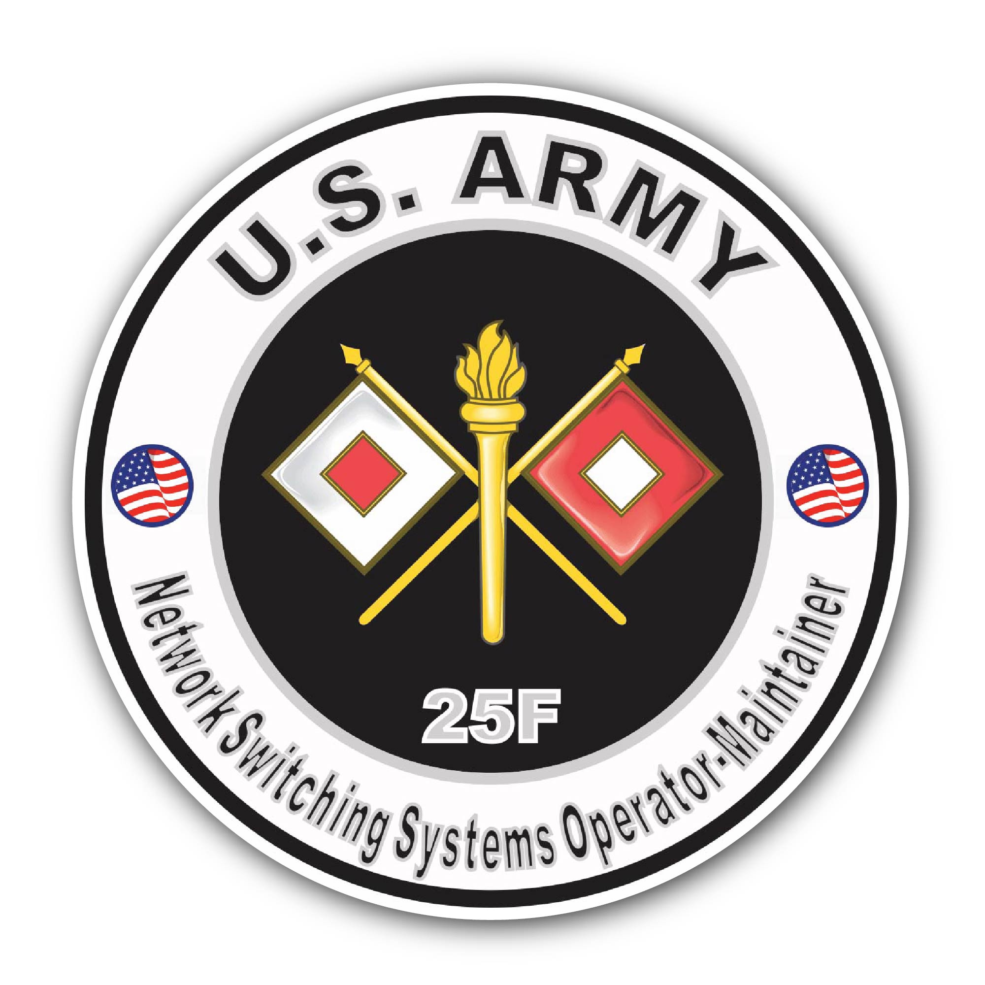 U.S. Army MOS 25F Network Switching Systems Operator-Maintainer Sticker, Waterproof Vinyl Decal Sticker Indoor Or Outdoor 2 (Pieces) 3" and 5"
