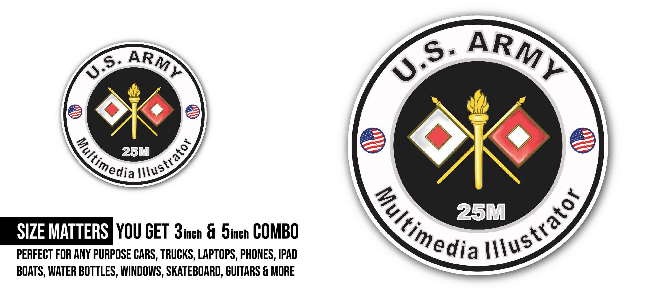 U.S. Army MOS 25M Multimedia Illustrator Sticker, Waterproof Vinyl Decal Sticker Indoor Or Outdoor 2 (Pieces) 3" and 5"
