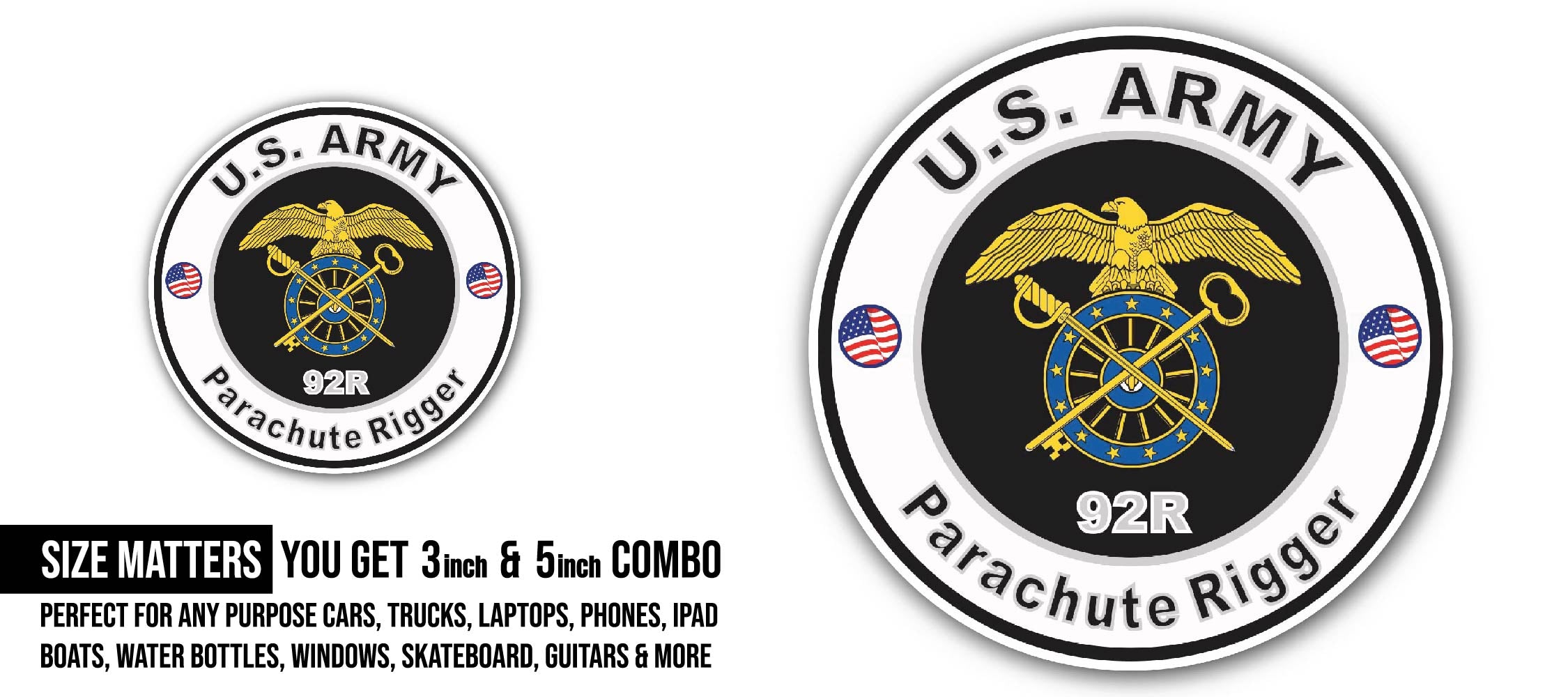 U.S. Army MOS 92R Parachute Rigger Sticker, Waterproof Vinyl Decal Sticker Indoor Or Outdoor 2 (Pieces) 3" and 5"