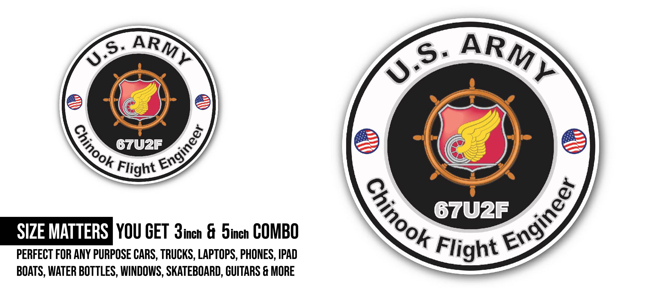 U.S. Army MOS 67U2F Chinook Flight Engineer Sticker, Waterproof Vinyl Decal Sticker Indoor Or Outdoor 2 (Pieces) 3" and 5"