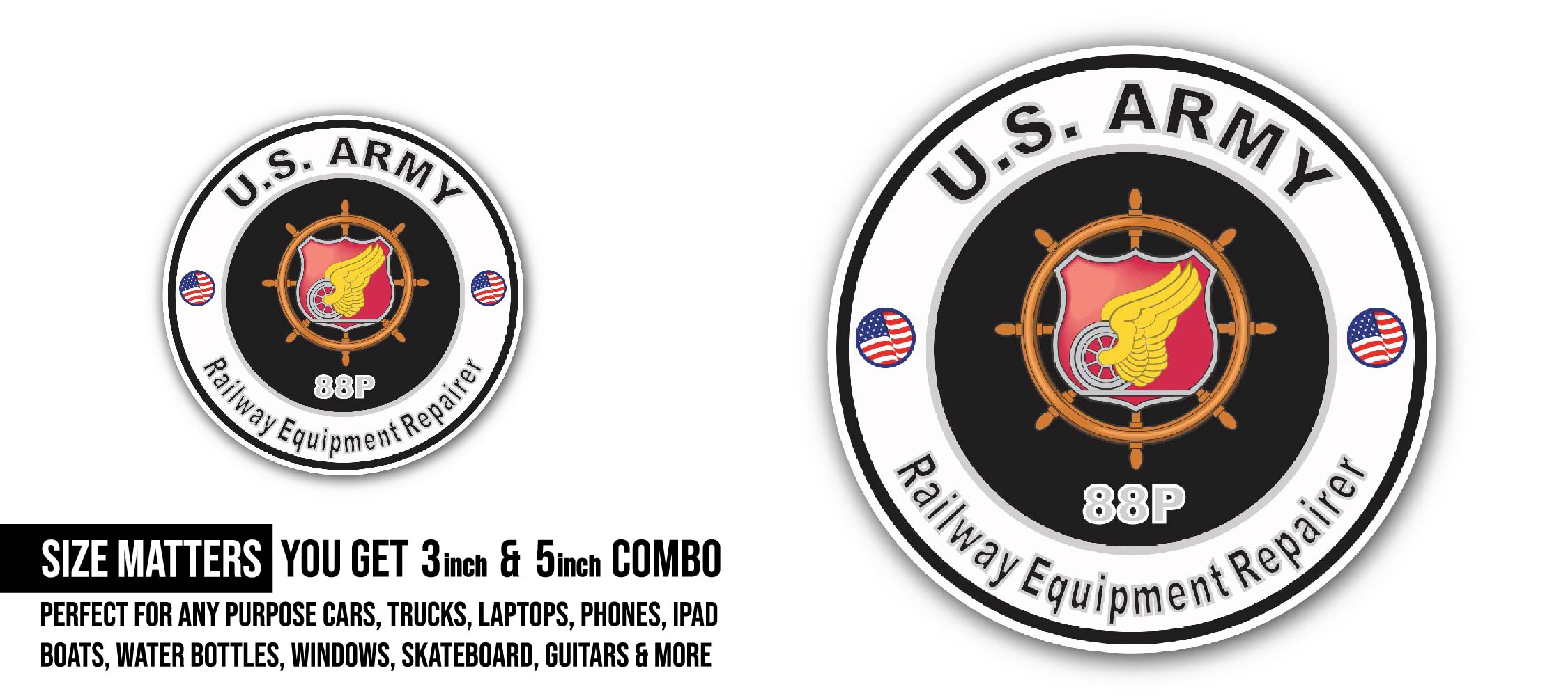 U.S. Army MOS 88P Railway Equipment Repairer Sticker, Waterproof Vinyl Decal Sticker Indoor Or Outdoor 2 (Pieces) 3" and 5"