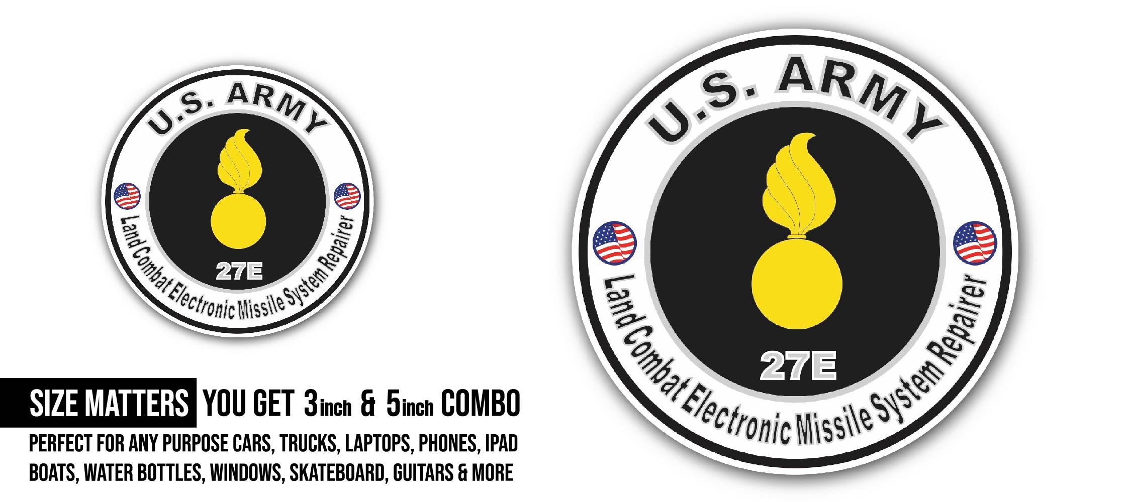 U.S. Army MOS 27E Land Combat Electronic Missile System Repairer Sticker, Waterproof Vinyl Decal Sticker Indoor Or Outdoor 2 (Pieces) 3" and 5"