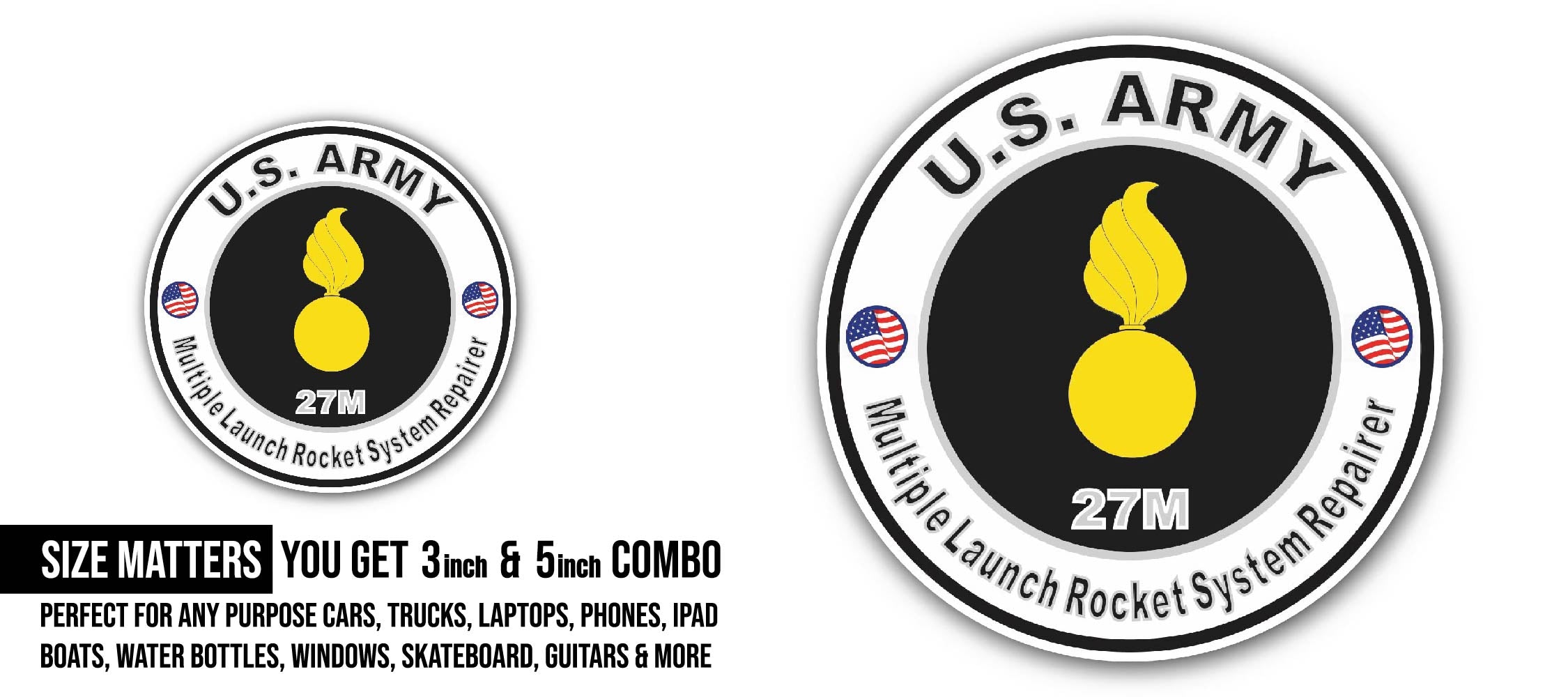 U.S. Army MOS 27M Multiple Launch Rocket System Repairer Sticker, Waterproof Vinyl Decal Sticker Indoor Or Outdoor 2 (Pieces) 3" and 5"
