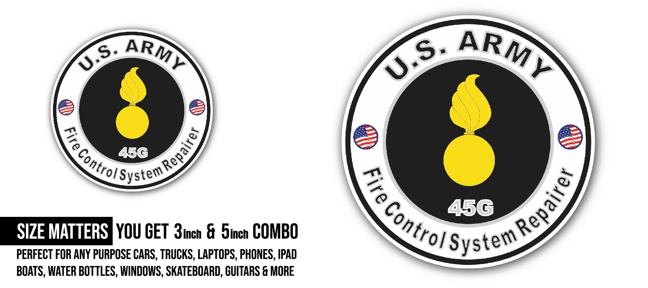 U.S. Army MOS 45G Fire Control System Repairer Sticker, Waterproof Vinyl Decal Sticker Indoor Or Outdoor 2 (Pieces) 3" and 5"