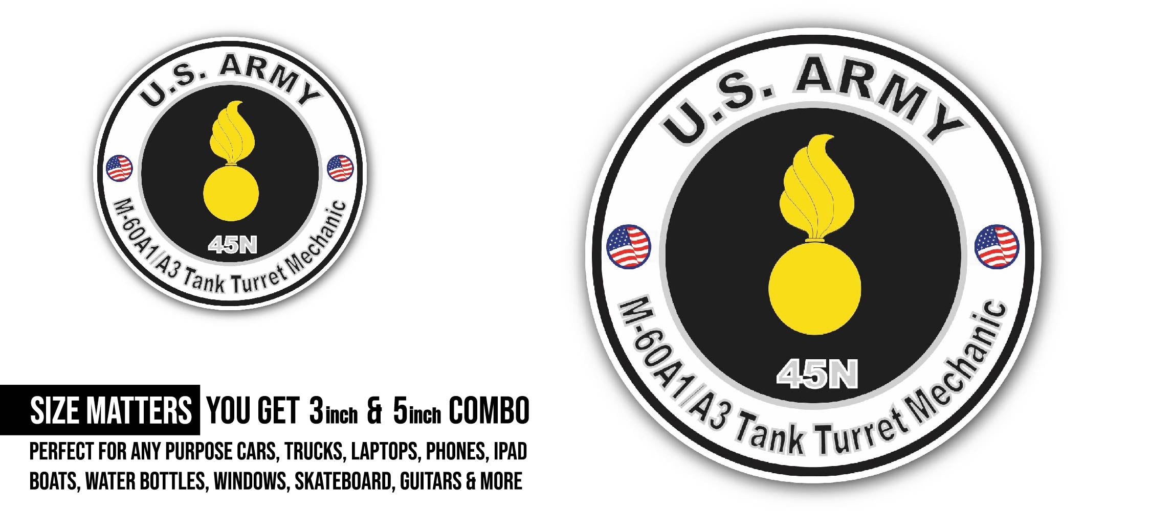 U.S. Army MOS 45N M60 A1-A3 Tank Turret Mechanic Sticker, Waterproof Vinyl Decal Sticker Indoor Or Outdoor 2 (Pieces) 3" and 5"