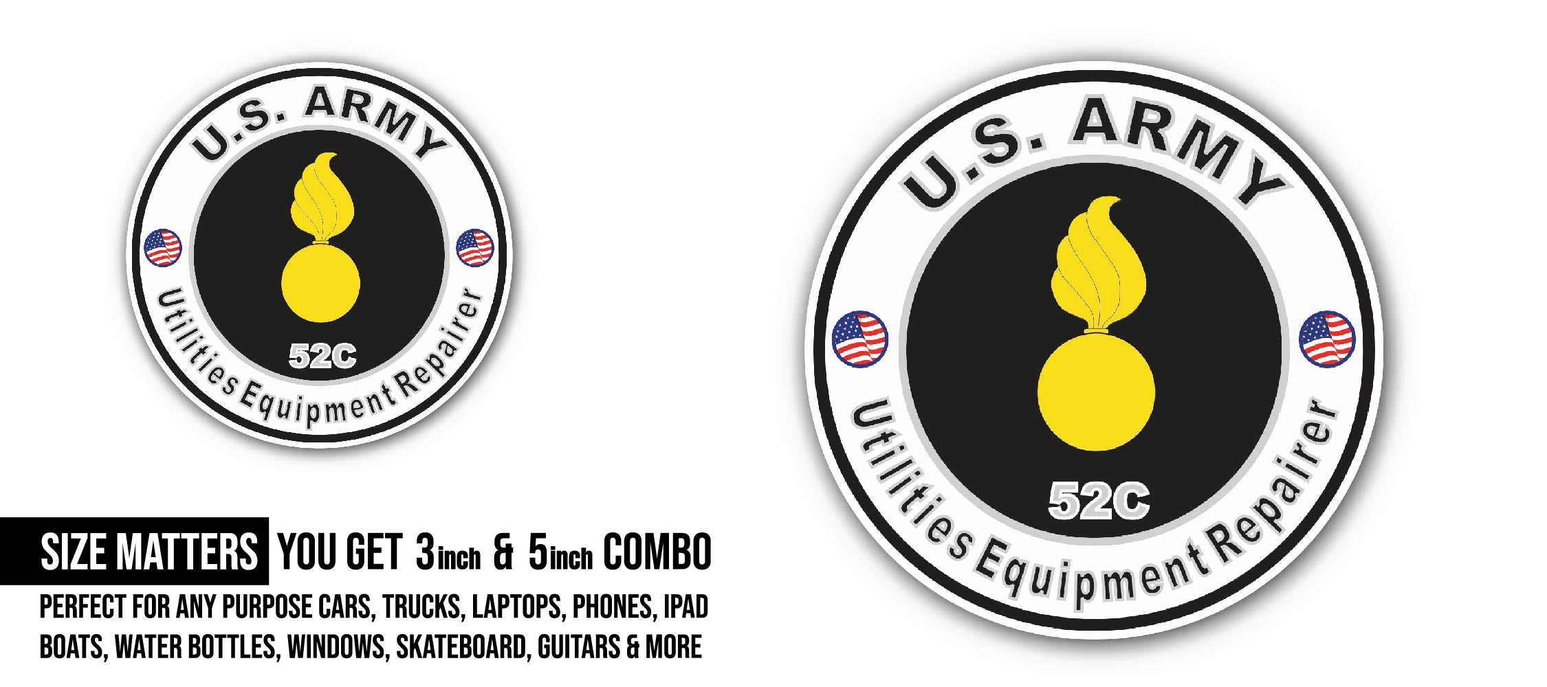U.S. Army MOS 52C Utilities Equipment Repairer Sticker, Waterproof Vinyl Decal Sticker Indoor Or Outdoor 2 (Pieces) 3" and 5"