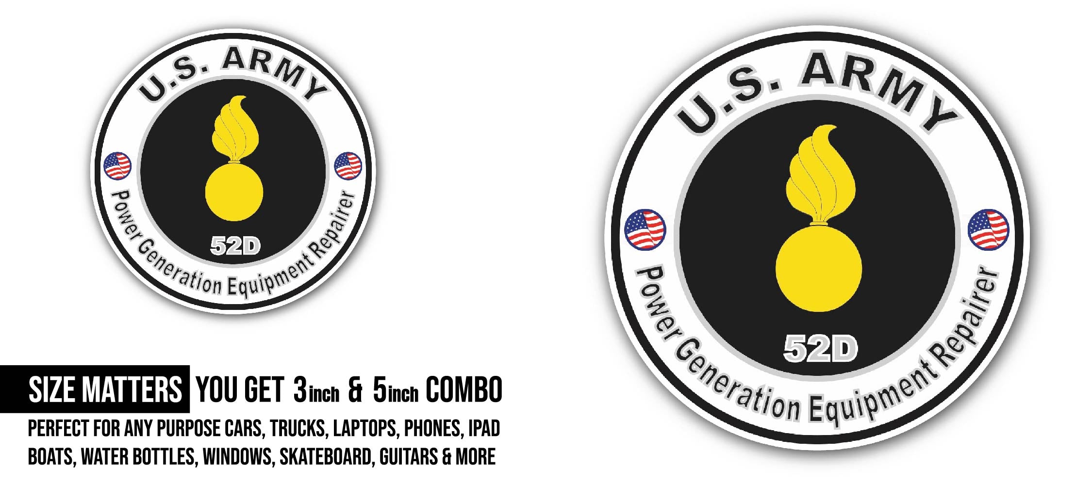 U.S. Army MOS 52D Power Generation Equipment Repairer Sticker, Waterproof Vinyl Decal Sticker Indoor Or Outdoor 2 (Pieces) 3" and 5"