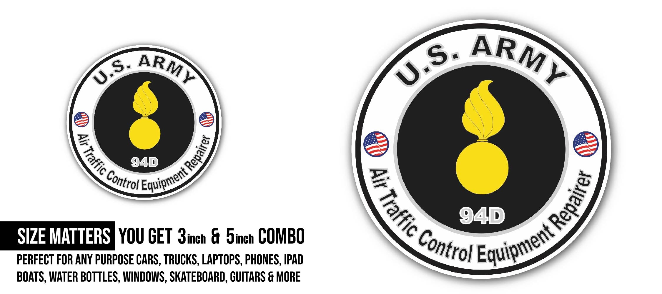 U.S. Army MOS 94D Air Traffic Control Equipment Repairer Sticker, Waterproof Vinyl Decal Sticker Indoor Or Outdoor 2 (Pieces) 3" and 5"