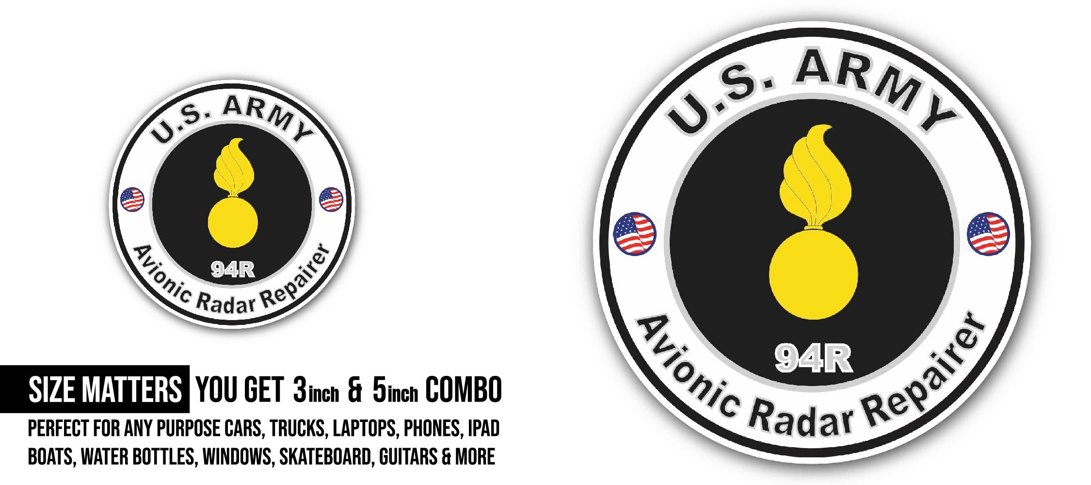 U.S. Army MOS 94R Avionic Radar Repairer Sticker, Waterproof Vinyl Decal Sticker Indoor Or Outdoor 2 (Pieces) 3" and 5"