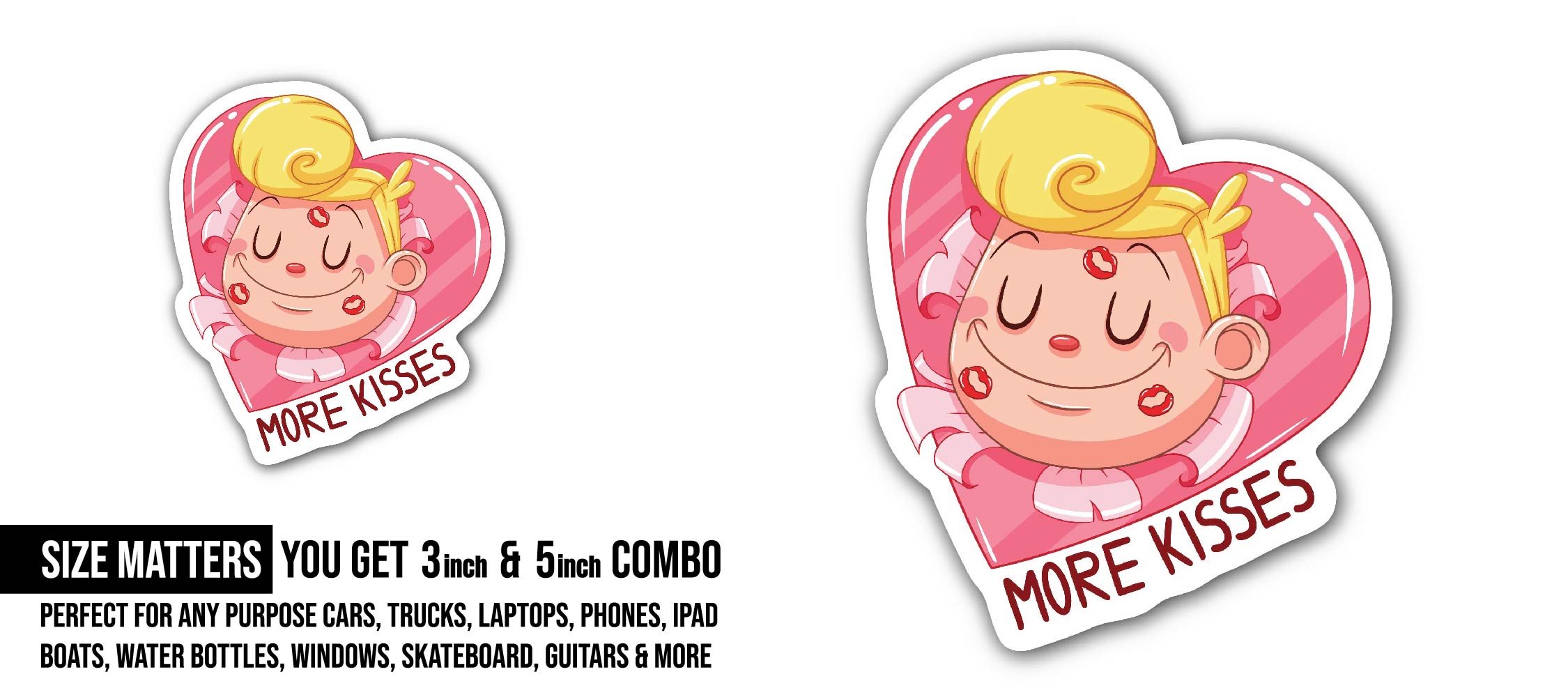 Cute boy & More Kisses Sticker, Waterproof Vinyl Decal Sticker Indoor Or Outdoor 2 (Pieces) 3" and 5"