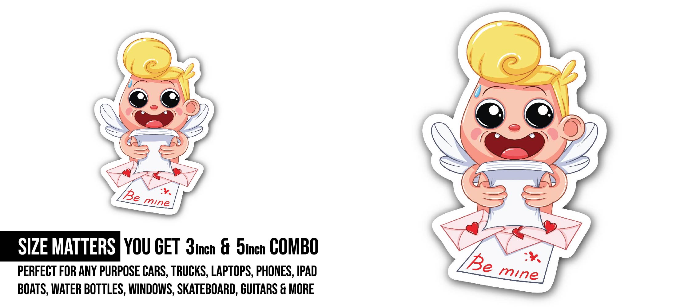 Cute Valentine day Sticker, Waterproof Vinyl Decal Sticker Indoor Or Outdoor 2 (Pieces) 3" and 5"