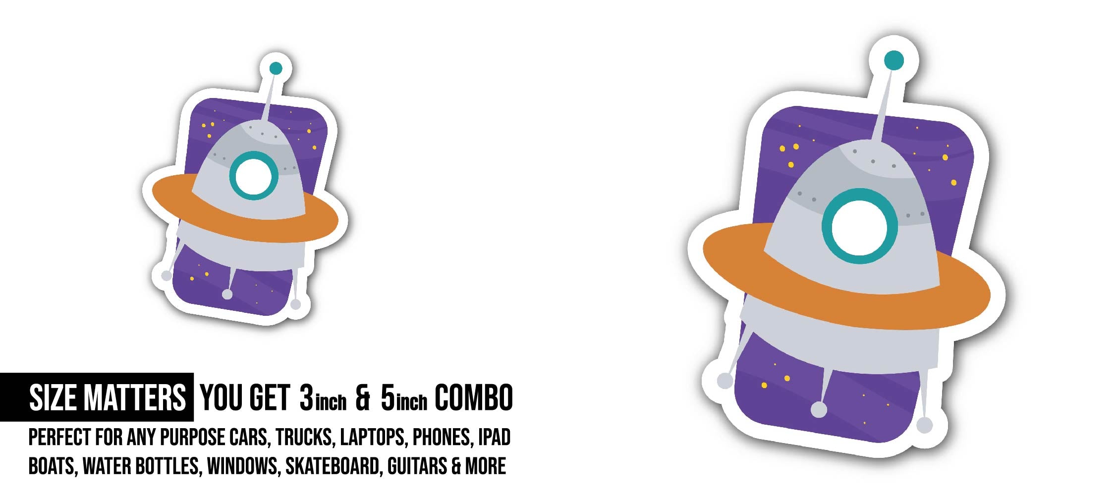 cartoon spaceship Sticker, Waterproof Vinyl Decal Sticker Indoor Or Outdoor 2 (Pieces) 3" and 5"