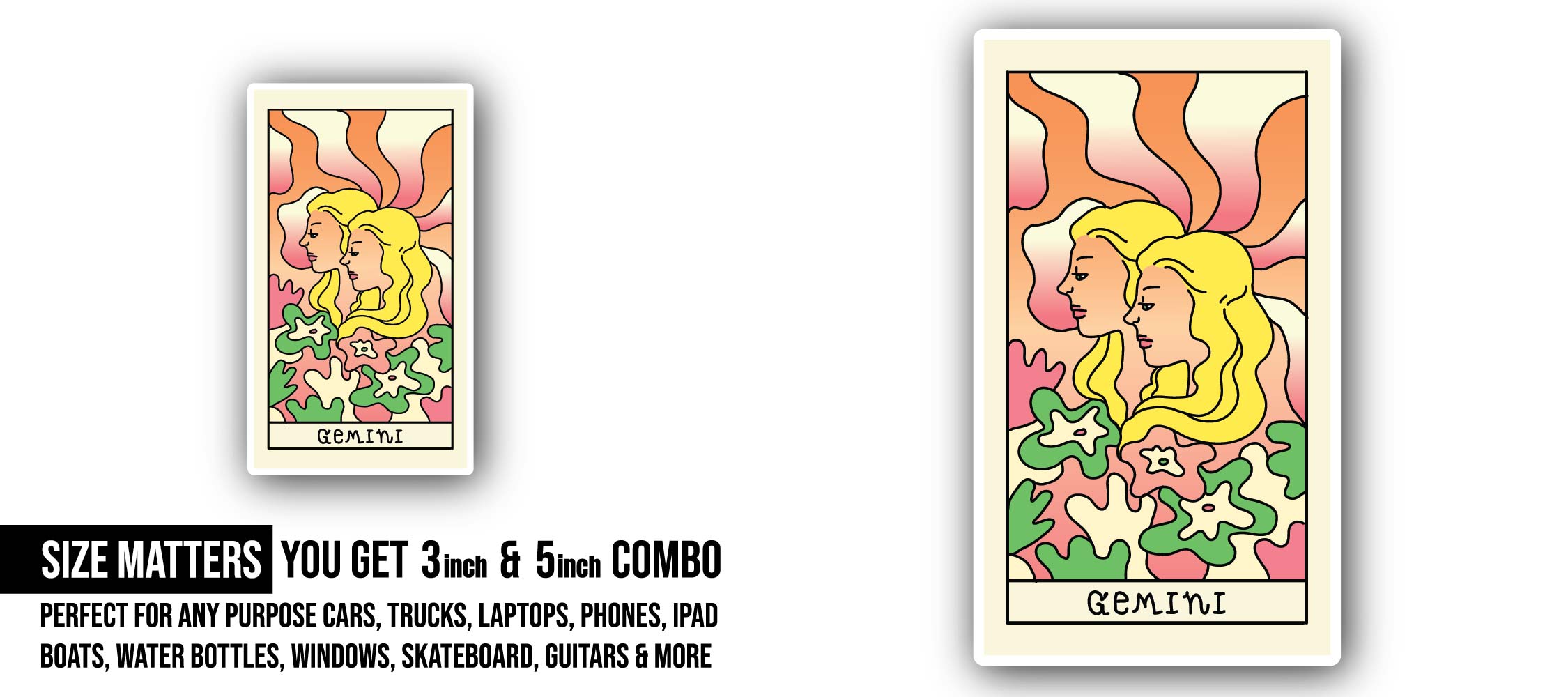 Gemini Zodiac Sticker, Waterproof Vinyl Decal Sticker Indoor Or Outdoor 2 (Pieces) 3" and 5"