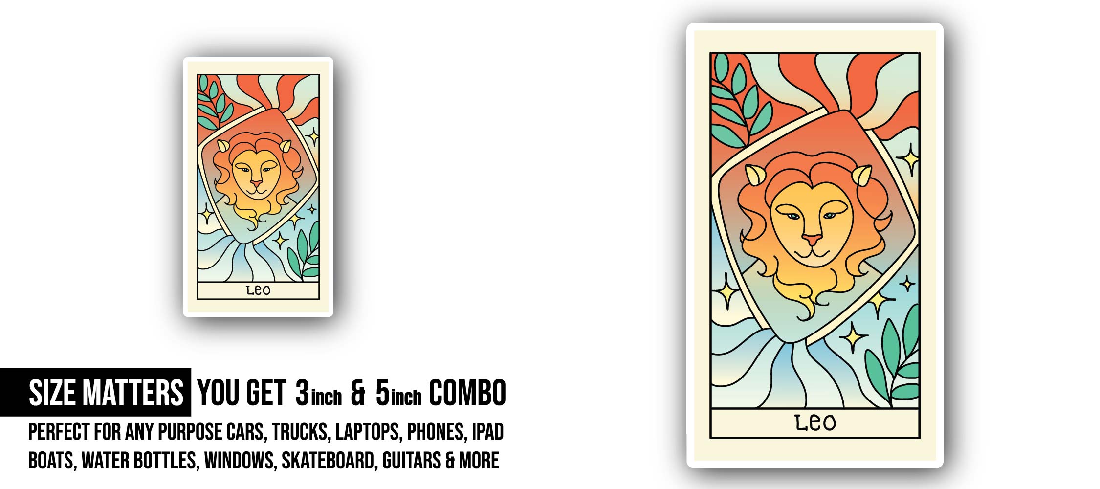 Leo Zodiac Sticker, Waterproof Vinyl Decal Sticker Indoor Or Outdoor 2 (Pieces) 3" and 5"