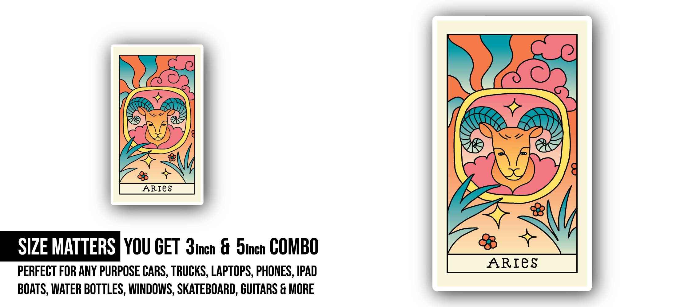 Aries Zodiac Sticker, Waterproof Vinyl Decal Sticker Indoor Or Outdoor 2 (Pieces) 3" and 5"