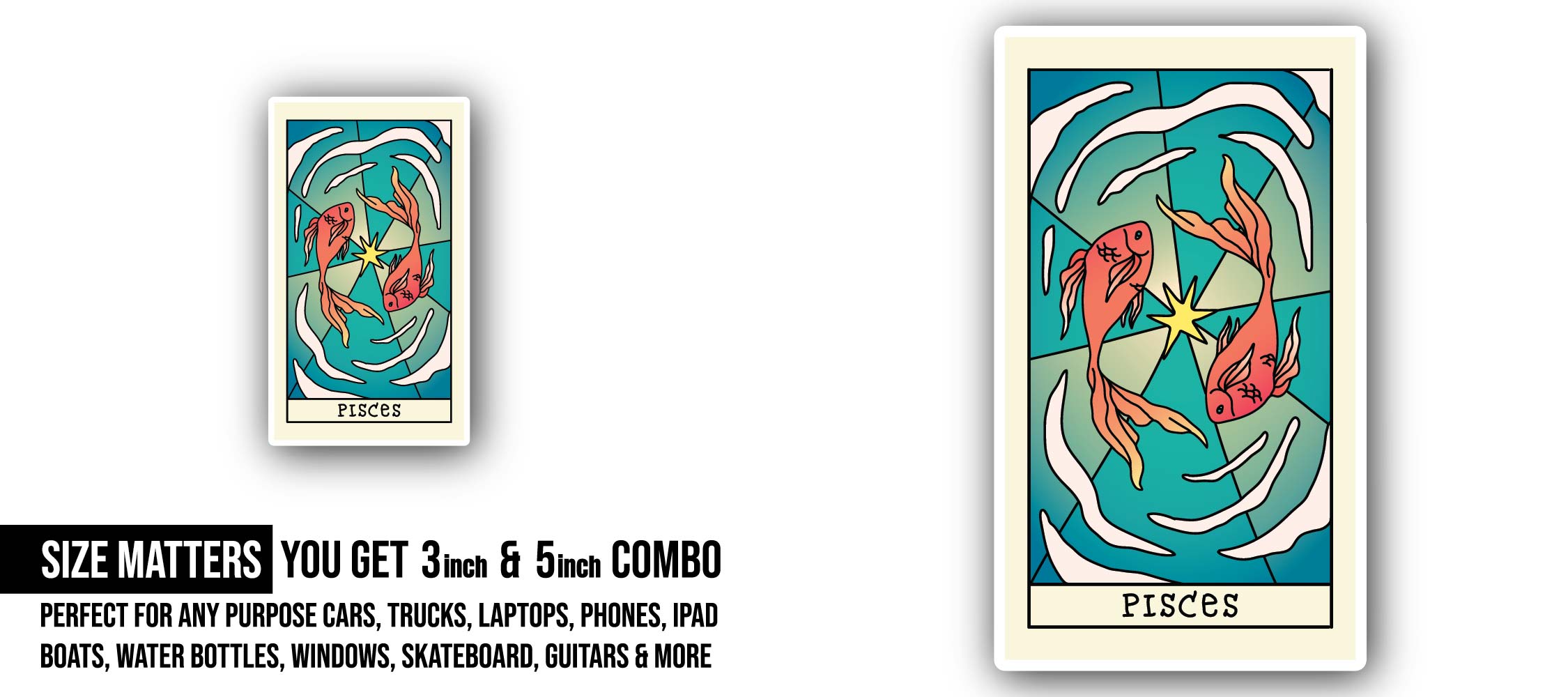 Pisces Zodiac Sticker, Waterproof Vinyl Decal Sticker Indoor Or Outdoor 2 (Pieces) 3" and 5"
