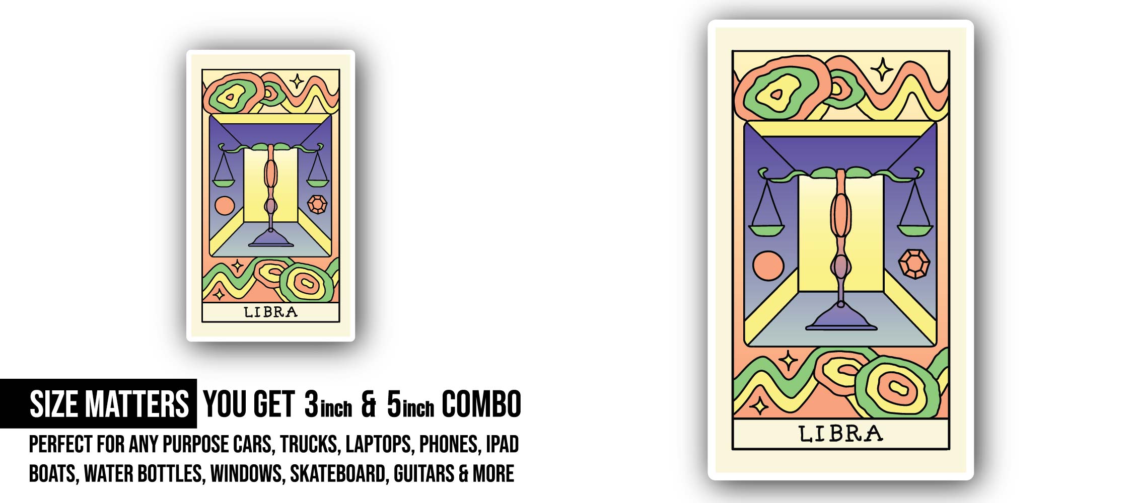 Libra Zodiac Sticker, Waterproof Vinyl Decal Sticker Indoor Or Outdoor 2 (Pieces) 3" and 5"