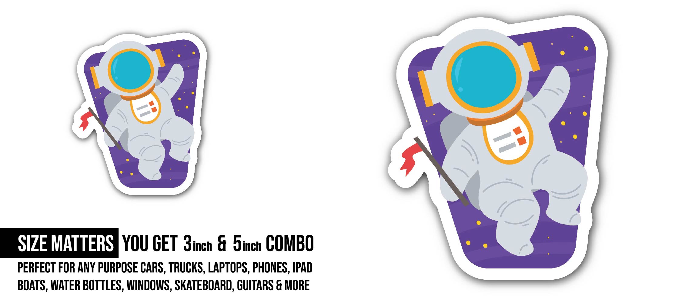 Astronaut Sticker, Waterproof Vinyl Decal Sticker Indoor Or Outdoor 2 (Pieces) 3" and 5"