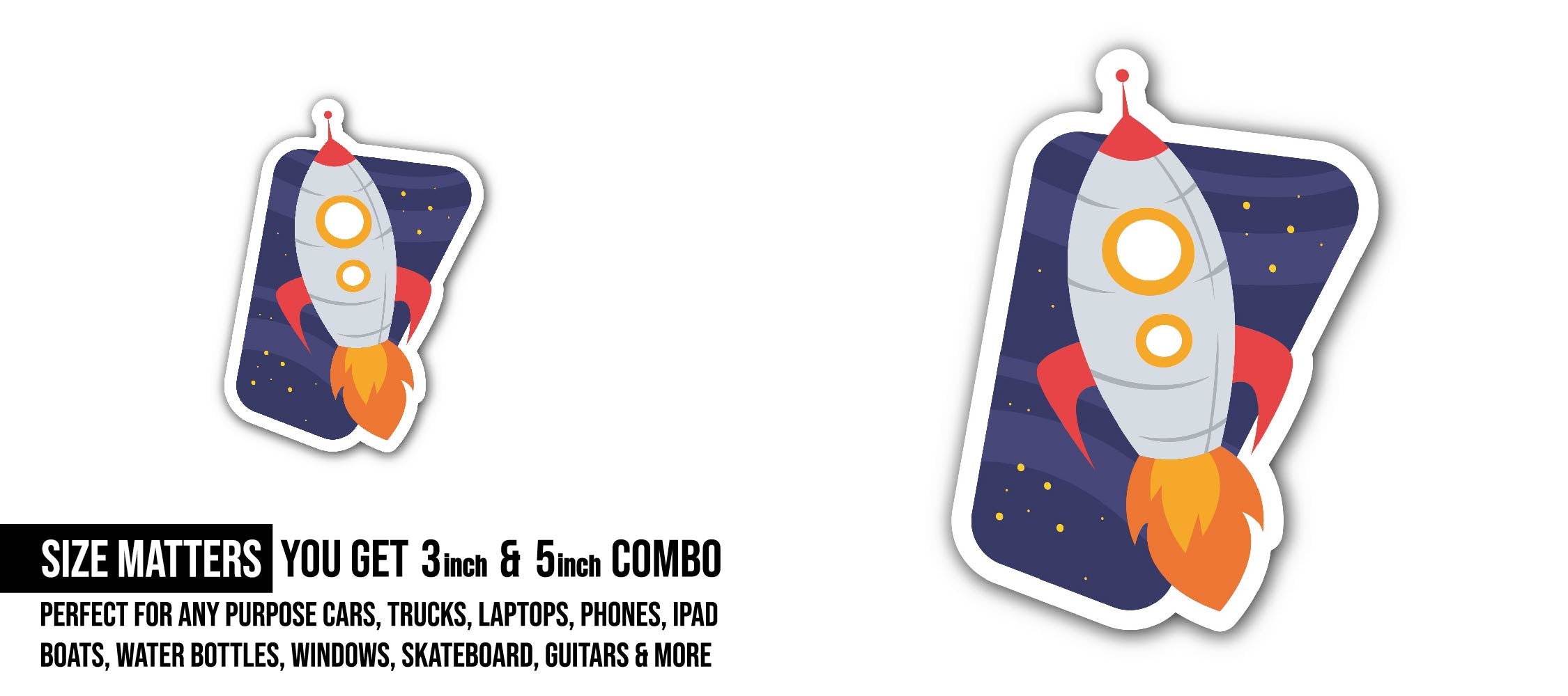 cartoon Rocket Sticker, Waterproof Vinyl Decal Sticker Indoor Or Outdoor 2 (Pieces) 3" and 5"