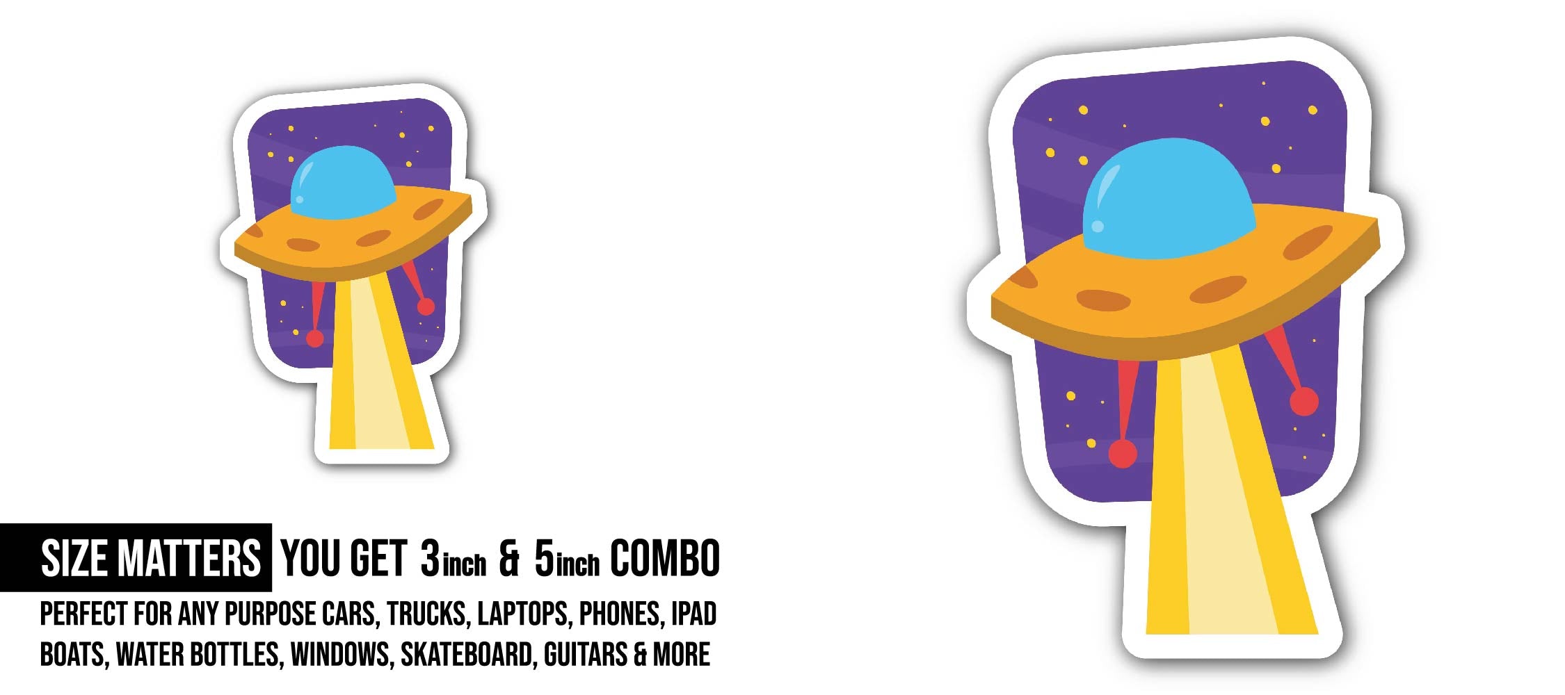 colorful spaceship Sticker, Waterproof Vinyl Decal Sticker Indoor Or Outdoor 2 (Pieces) 3" and 5"