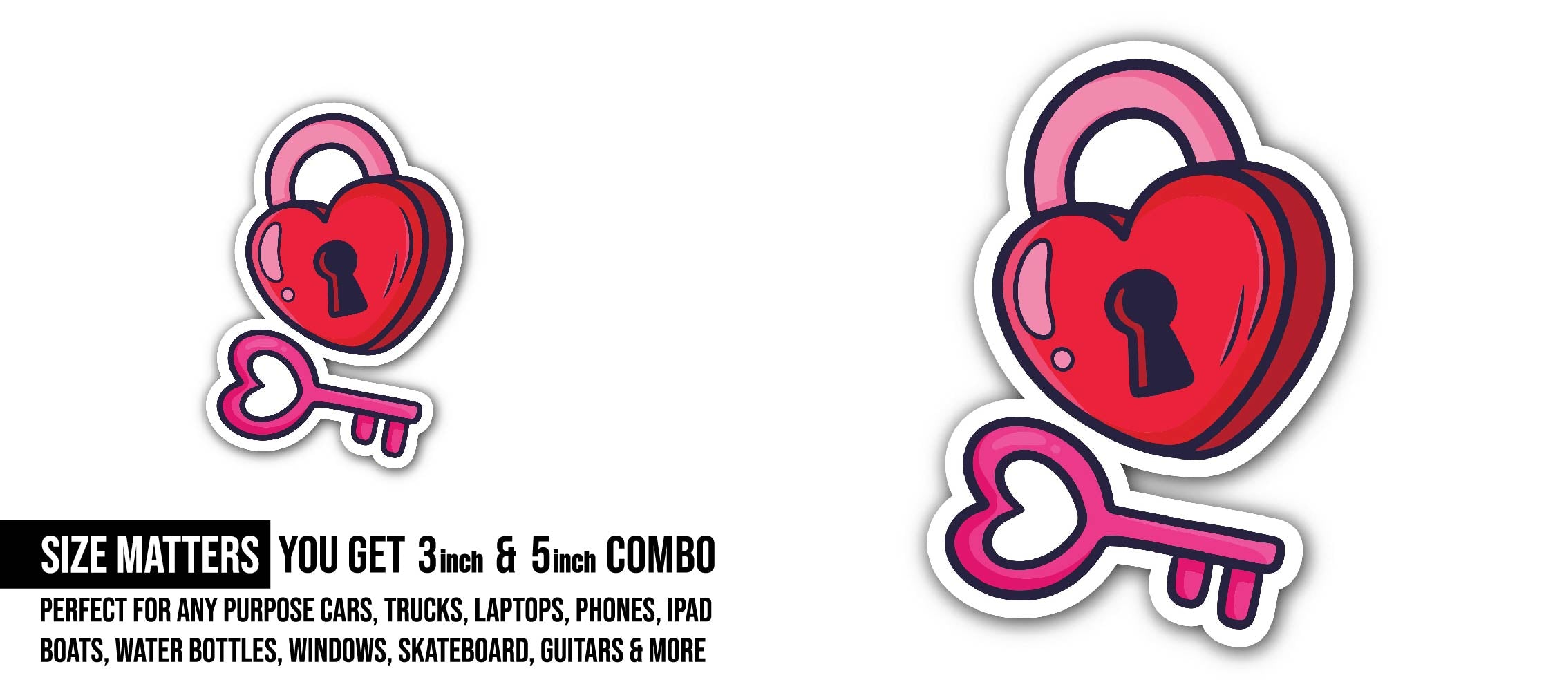 Heart lock & Key Sticker, Waterproof Vinyl Decal Sticker Indoor Or Outdoor 2 (Pieces) 3" and 5"