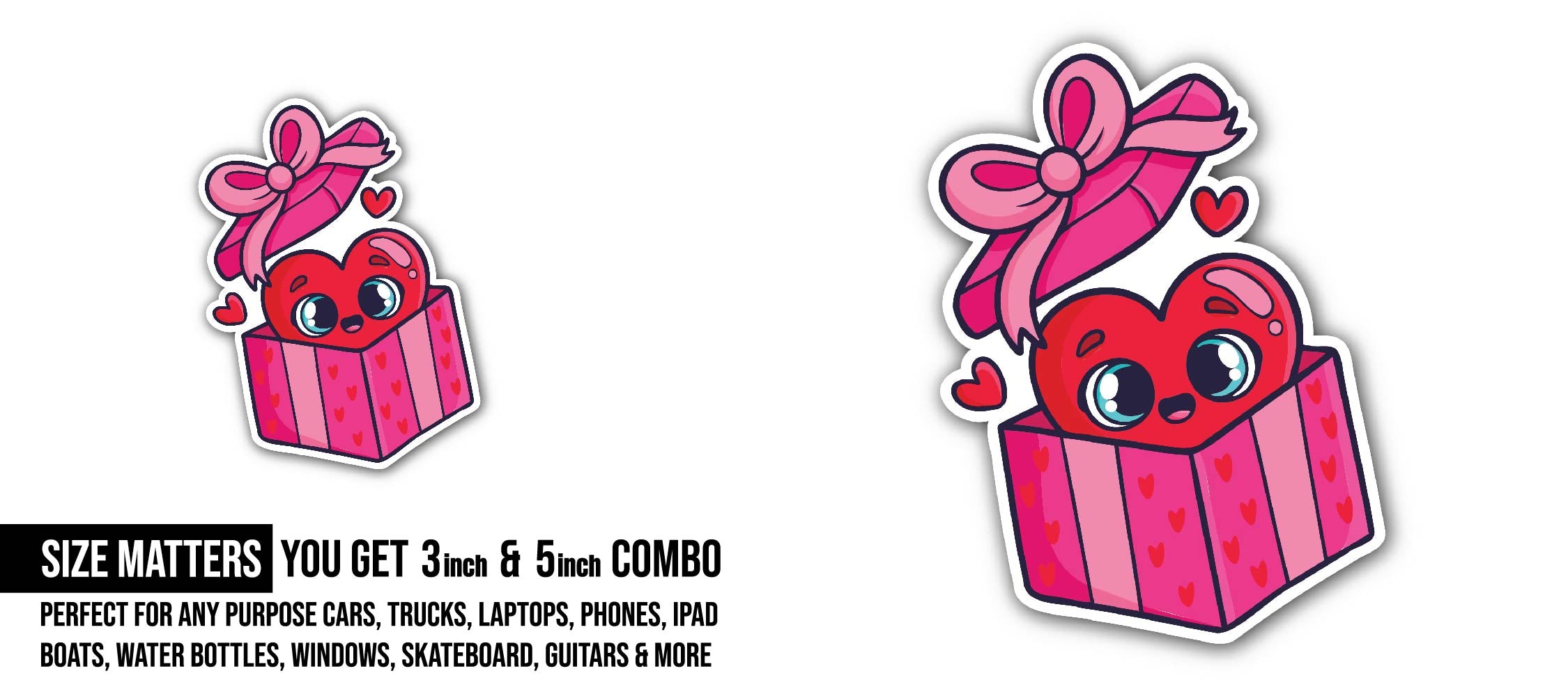 Heart in gift box Sticker, Waterproof Vinyl Decal Sticker Indoor Or Outdoor 2 (Pieces) 3" and 5"