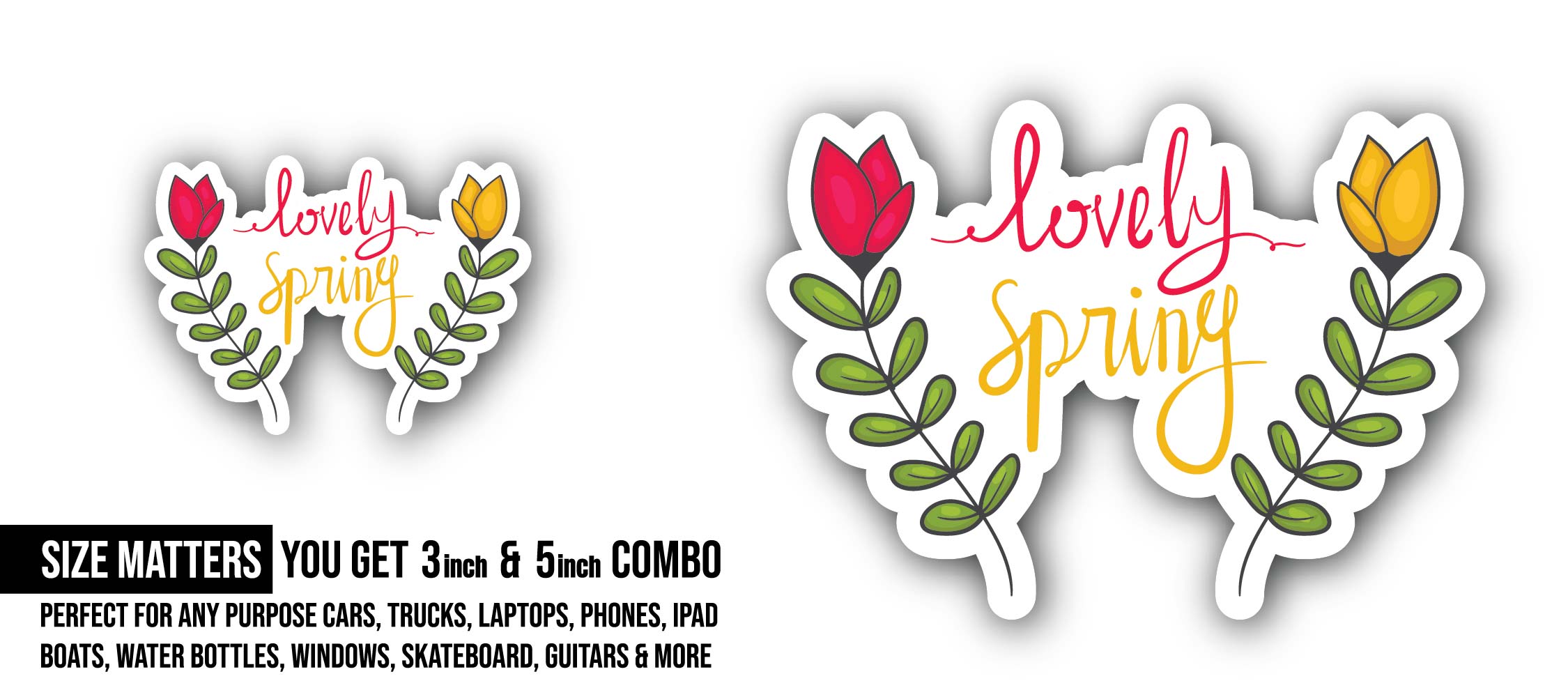 Lovely Spring Sticker, Waterproof Vinyl Decal Sticker Indoor Or Outdoor 2 (Pieces) 3" and 5"
