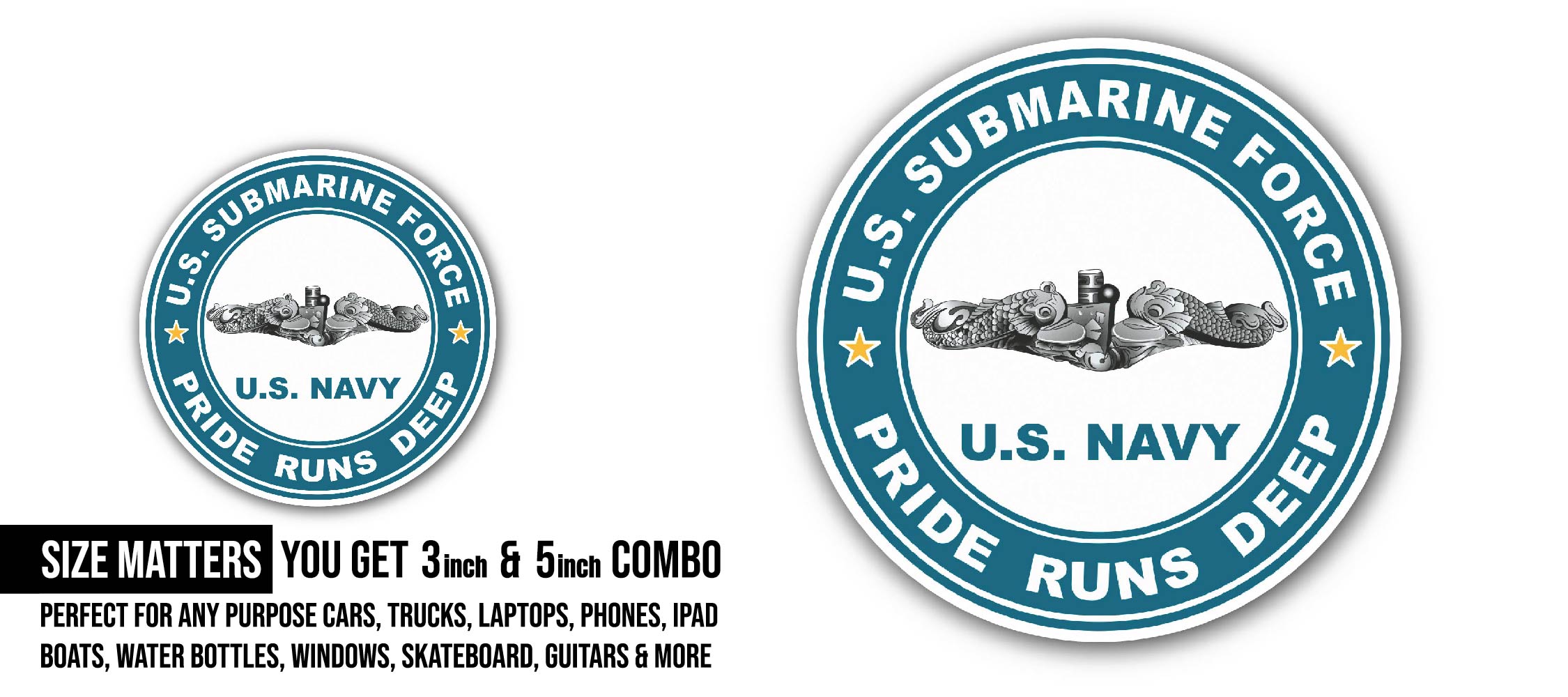 US Submarine Force Pride Runs Deep Silver Dolphins Sticker, Waterproof Vinyl Decal Sticker Indoor Or Outdoor 2 (Pieces) 3" and 5"
