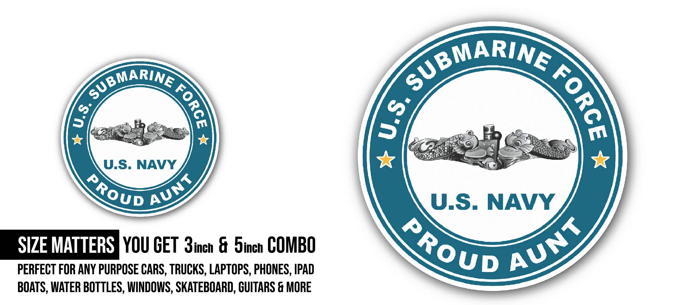 US Submarine Force Proud Aunt Silver Dolphins Sticker, Waterproof Vinyl Decal Sticker Indoor Or Outdoor 2 (Pieces) 3" and 5"