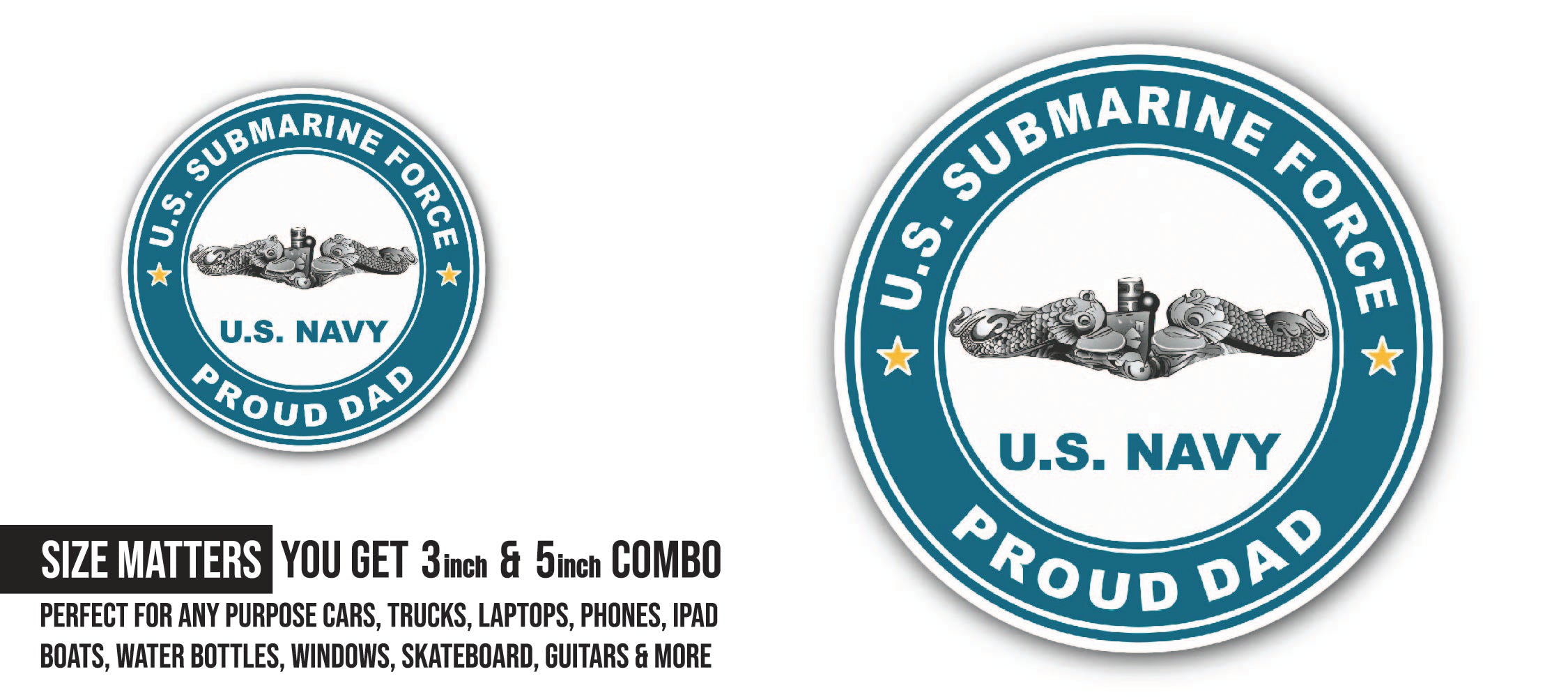 US Submarine Force Proud Dad Silver Dolphins Sticker, Waterproof Vinyl Decal Sticker Indoor Or Outdoor 2 (Pieces) 3" and 5"