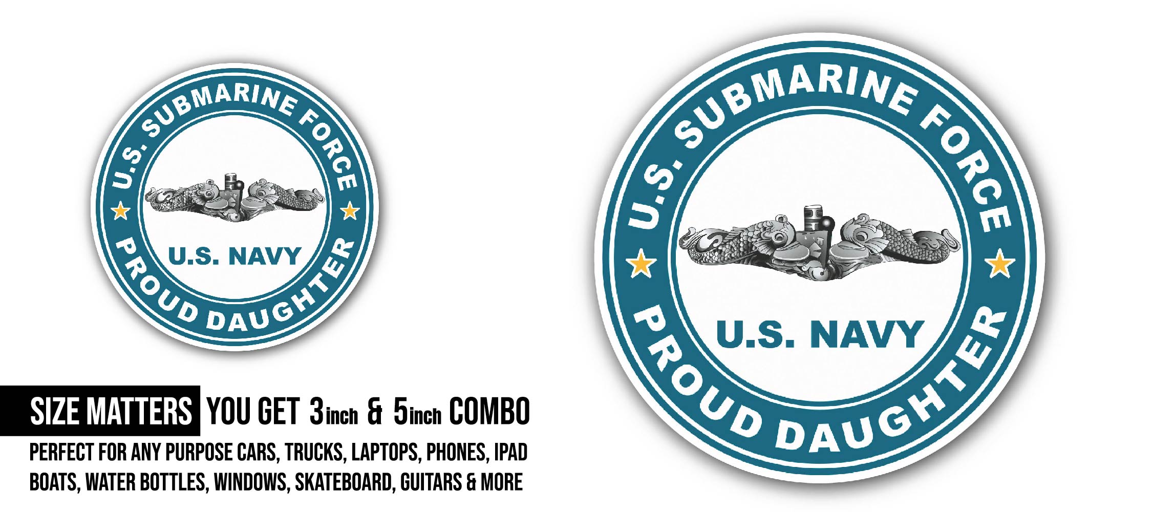 US Submarine Force Proud Daughter Silver Dolphins Sticker, Waterproof Vinyl Decal Sticker Indoor Or Outdoor 2 (Pieces) 3" and 5"