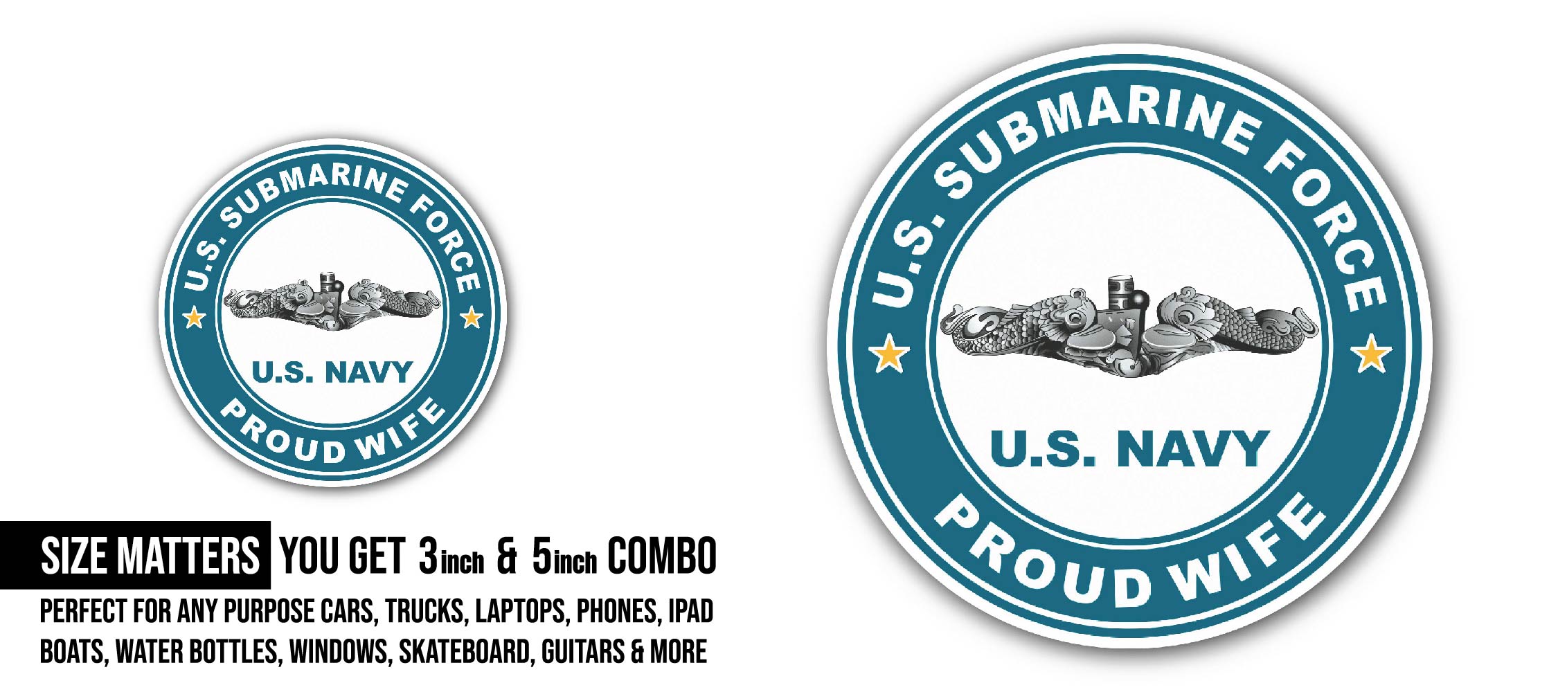 US Submarine Force Proud Wife Silver Dolphins Sticker, Waterproof Vinyl Decal Sticker Indoor Or Outdoor 2 (Pieces) 3" and 5"