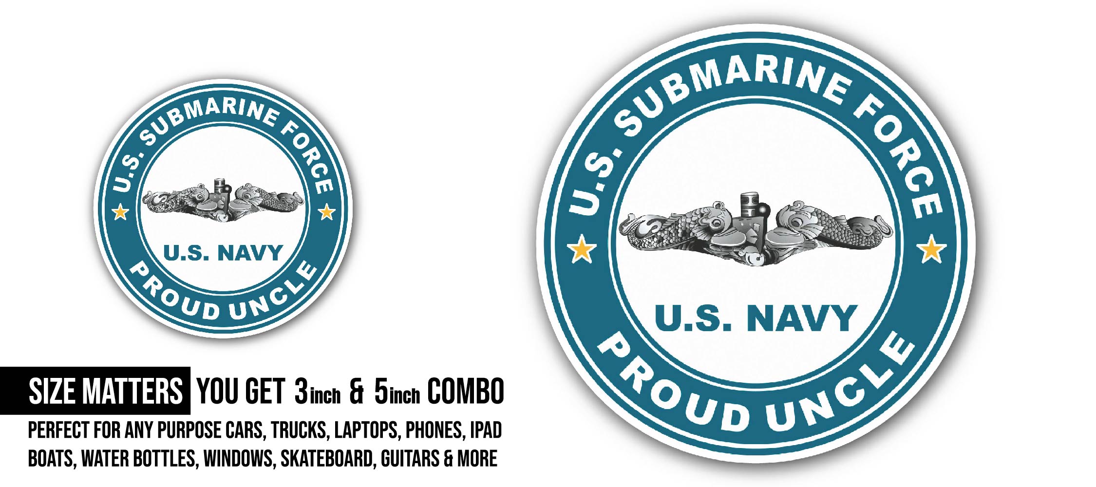 US Submarine Force Proud Uncle Silver Dolphins Sticker, Waterproof Vinyl Decal Sticker Indoor Or Outdoor 2 (Pieces) 3" and 5"