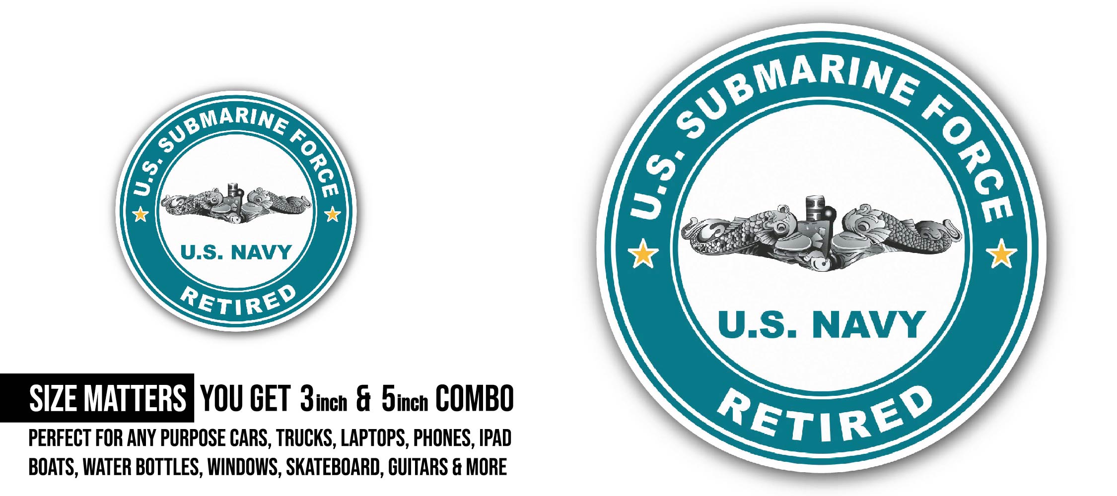 US Submarine Force Retired Silver Dolphins Sticker, Waterproof Vinyl Decal Sticker Indoor Or Outdoor 2 (Pieces) 3" and 5"