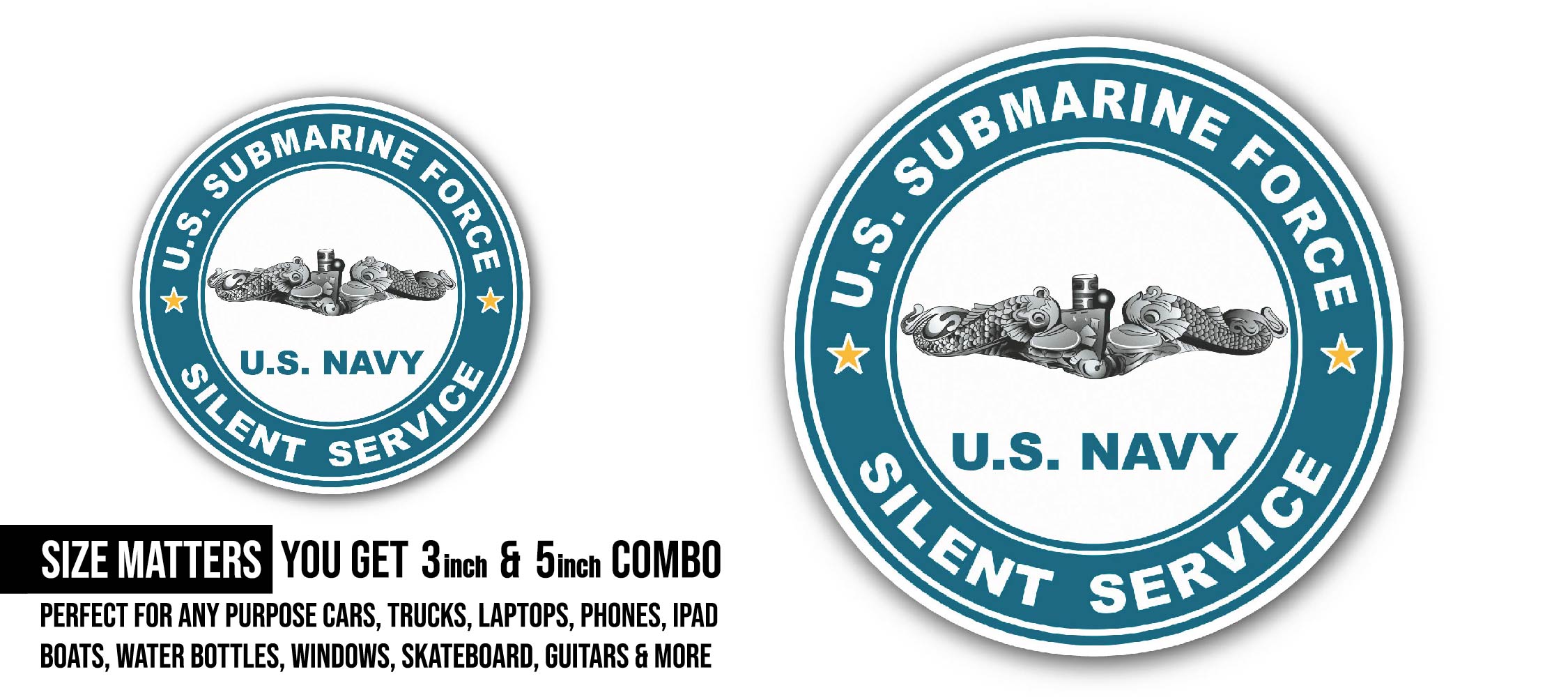 US Submarine Force Silent Service Silver Dolphins Sticker, Waterproof Vinyl Decal Sticker Indoor Or Outdoor 2 (Pieces) 3" and 5"