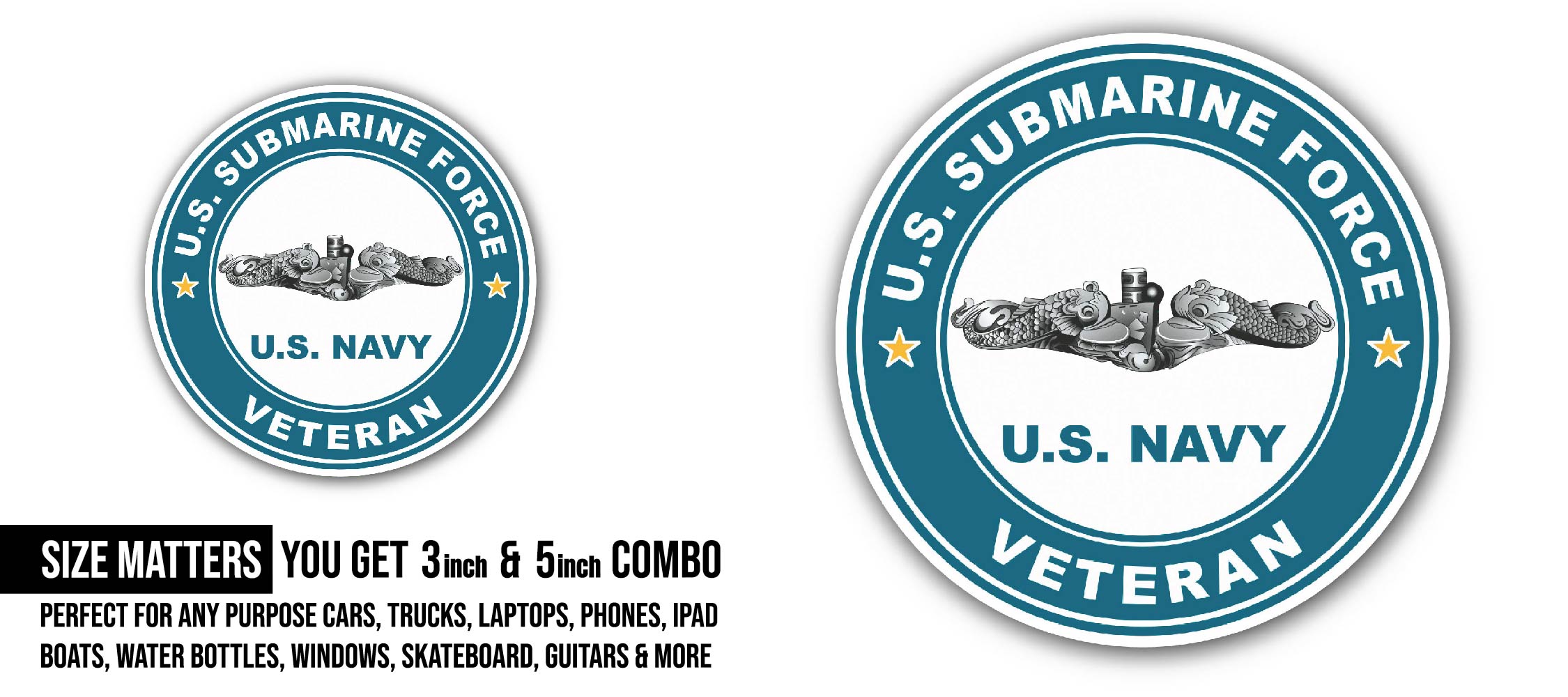 US Submarine Force Veteran Silver Dolphins Sticker, Waterproof Vinyl Decal Sticker Indoor Or Outdoor 2 (Pieces) 3" and 5"
