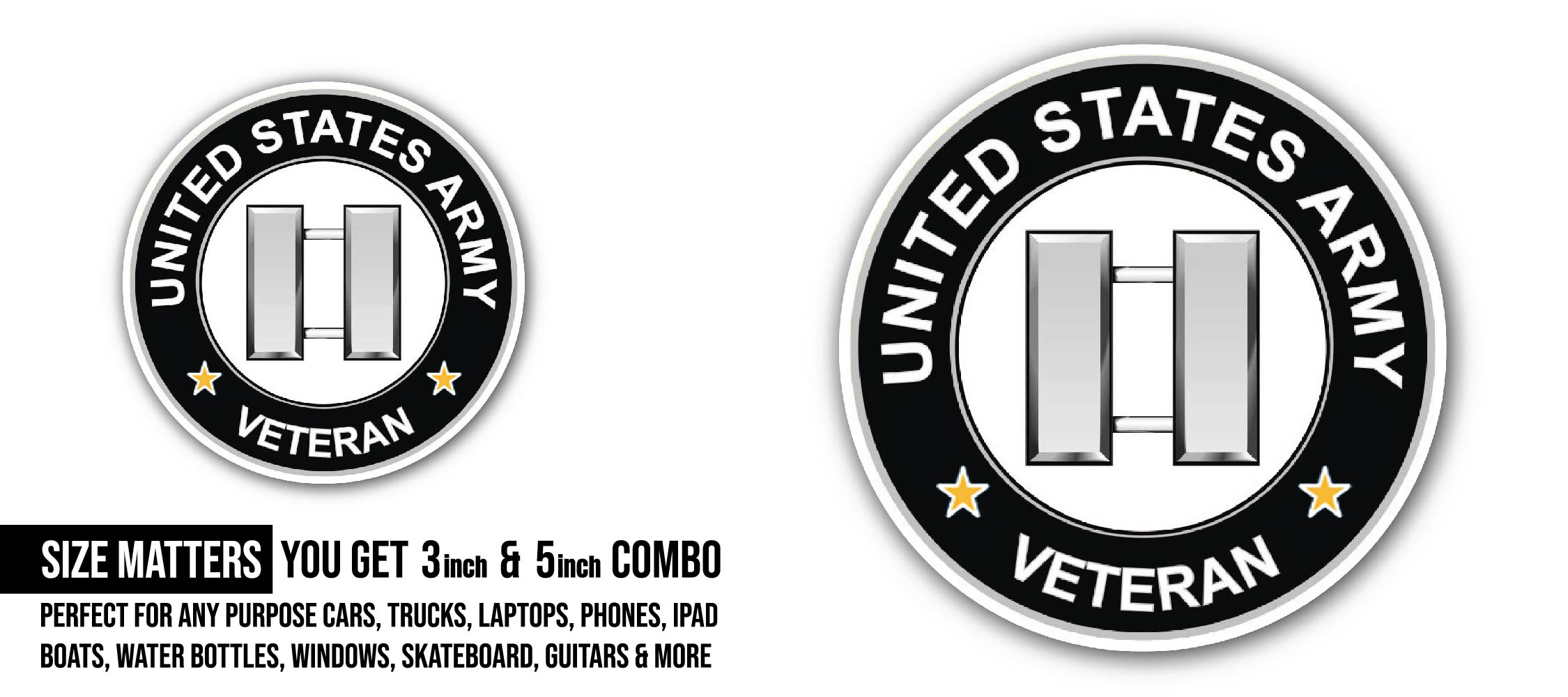 U.S. Army Captain Veteran Sticker, Waterproof Vinyl Decal Sticker Indoor Or Outdoor 2 (Pieces) 3" and 5"