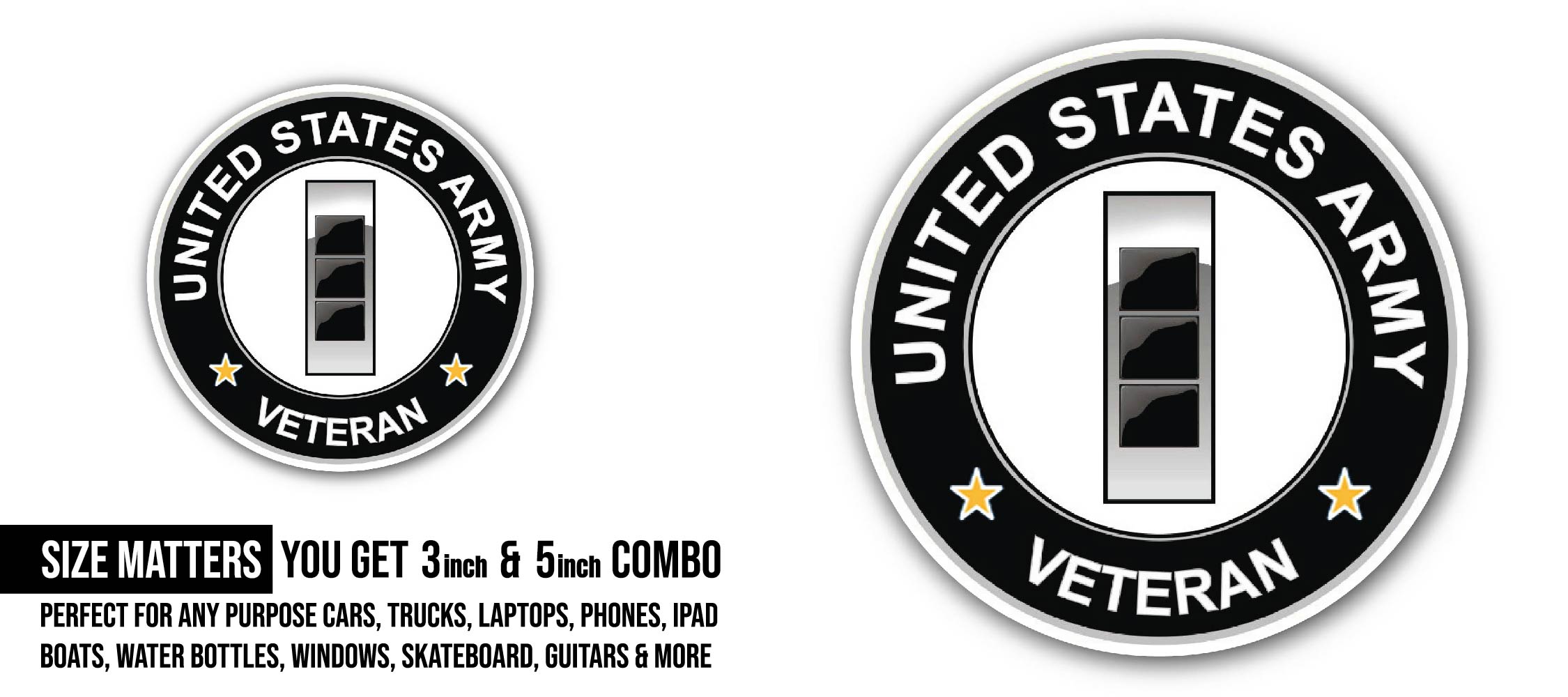 U.S. Army Chief Warrant Officer 3 Veteran Sticker, Waterproof Vinyl Decal Sticker Indoor Or Outdoor 2 (Pieces) 3" and 5"