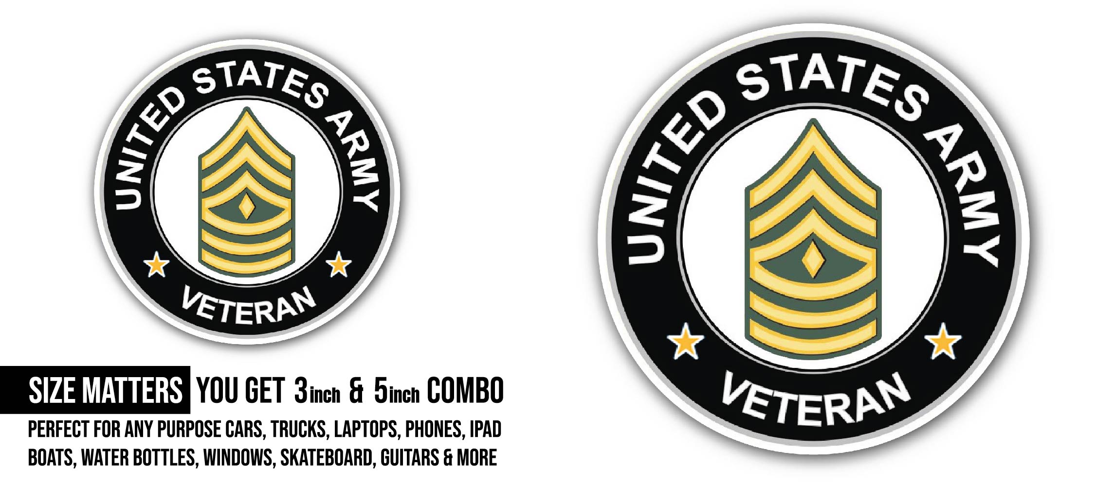 U.S. Army First Sergeant Veteran Sticker, Waterproof Vinyl Decal Sticker Indoor Or Outdoor 2 (Pieces) 3" and 5"