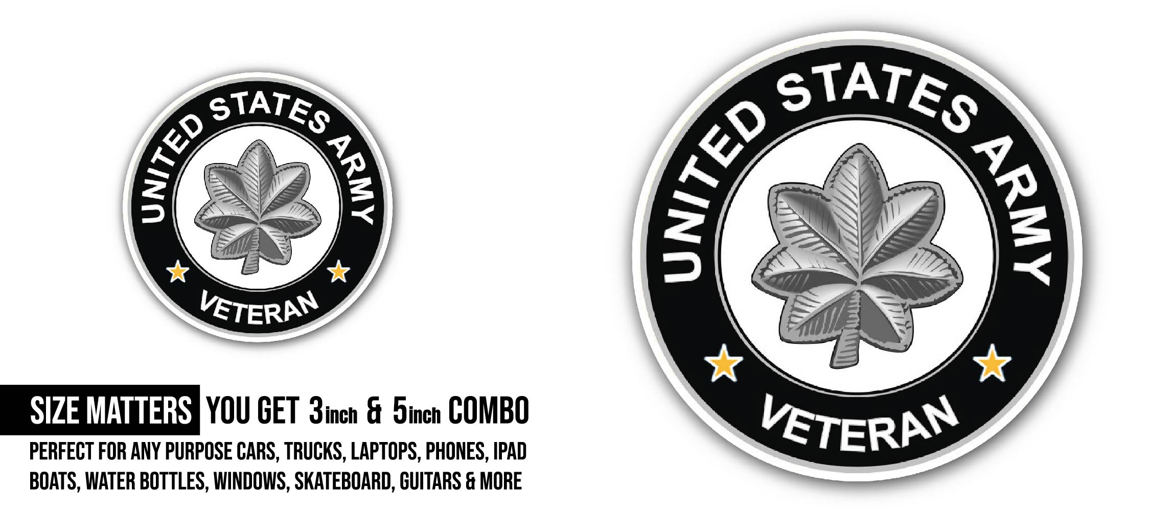 U.S. Army Lieutenant Colonel Veteran Sticker, Waterproof Vinyl Decal Sticker Indoor Or Outdoor 2 (Pieces) 3" and 5"
