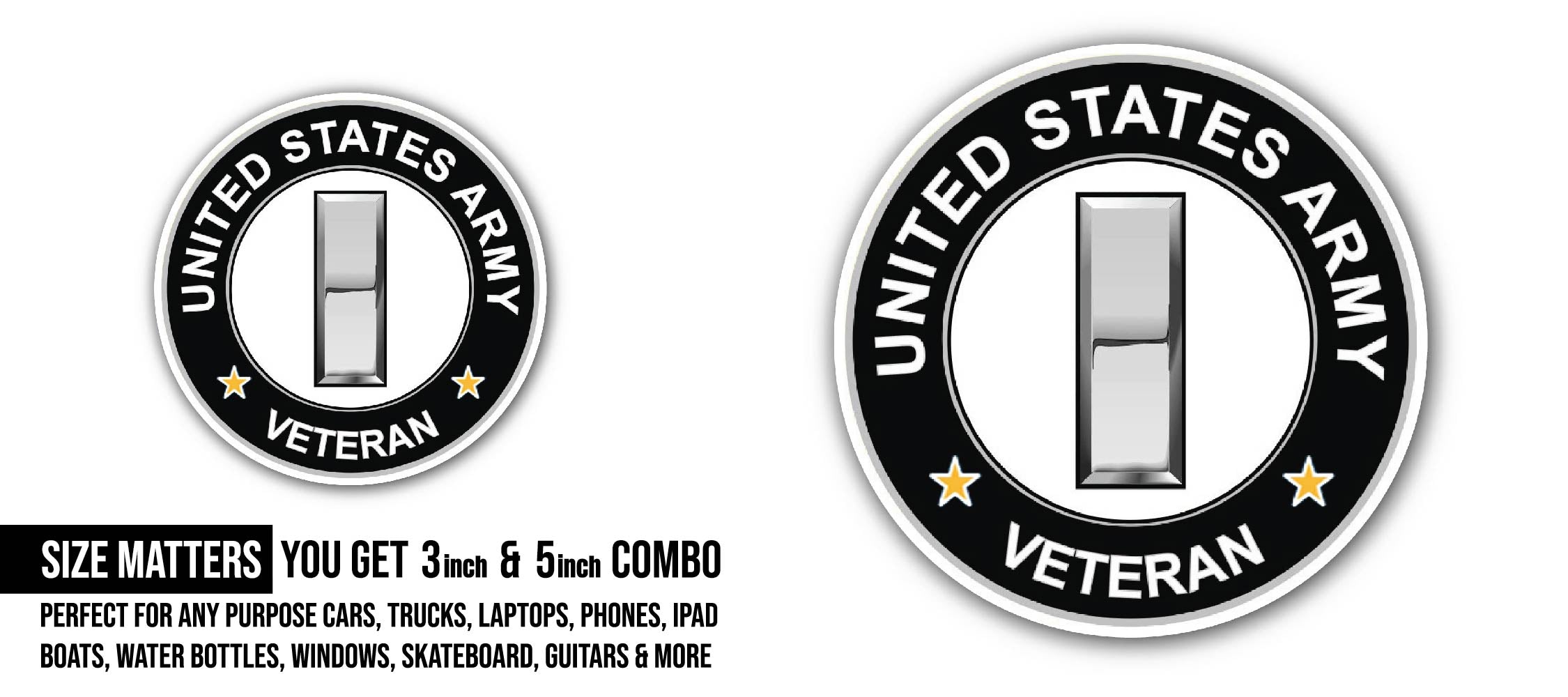 U.S. Army Lieutenant Rank Veteran Sticker, Waterproof Vinyl Decal Sticker Indoor Or Outdoor 2 (Pieces) 3" and 5"