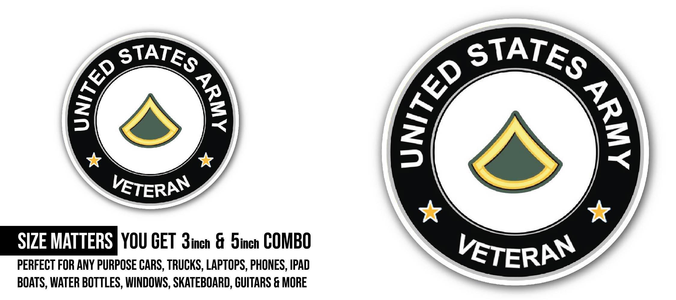 U.S. Army Private First Class Veteran Sticker, Waterproof Vinyl Decal Sticker Indoor Or Outdoor 2 (Pieces) 3" and 5"